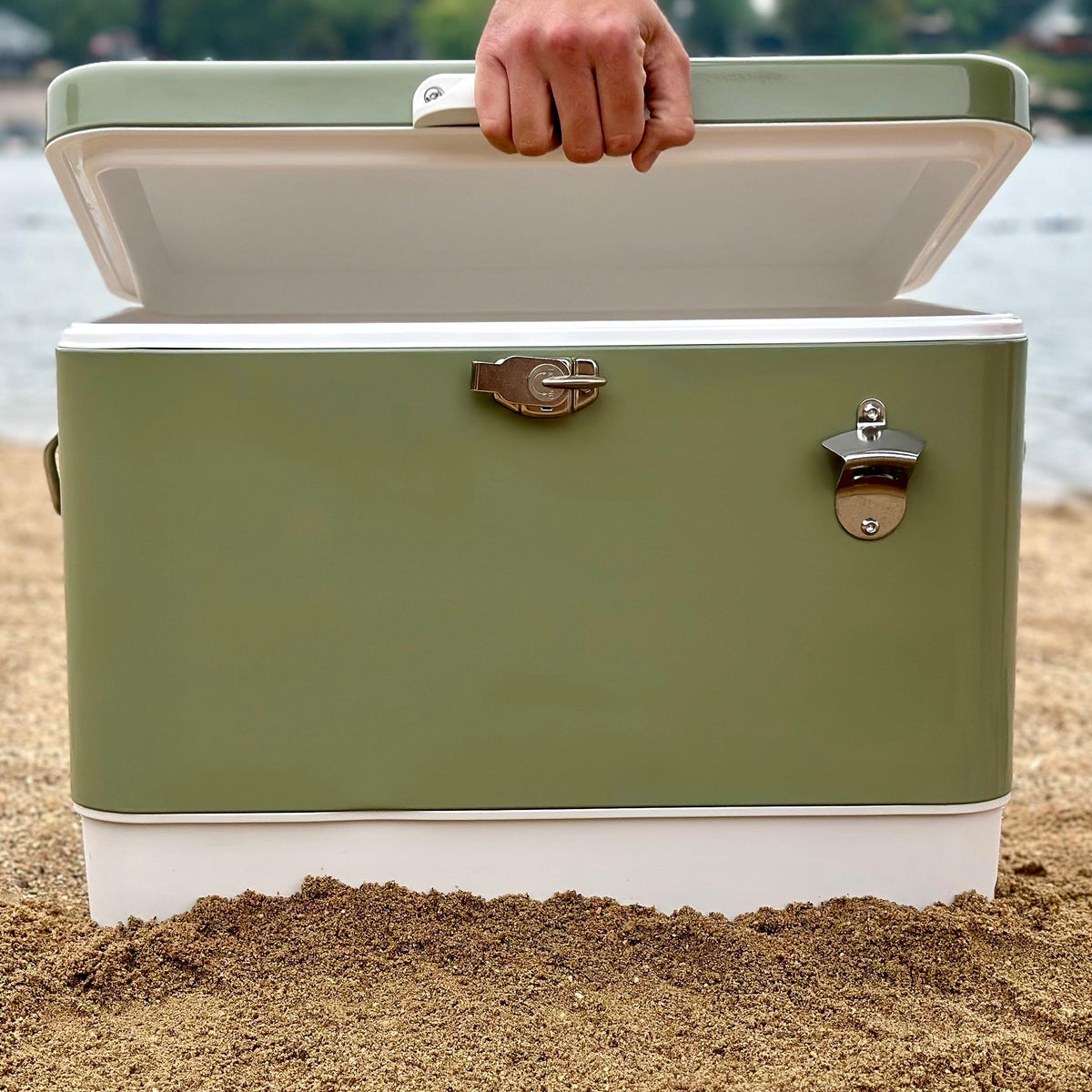 FSE Hard-Sided 54 Qt Metal Cooler, 80 Can Vintage Ice Chest, Durable Two-Tone Design with Latch Lid, Built-in Bottle Opener, Plastic Liner & Side Handles, Green/Cream