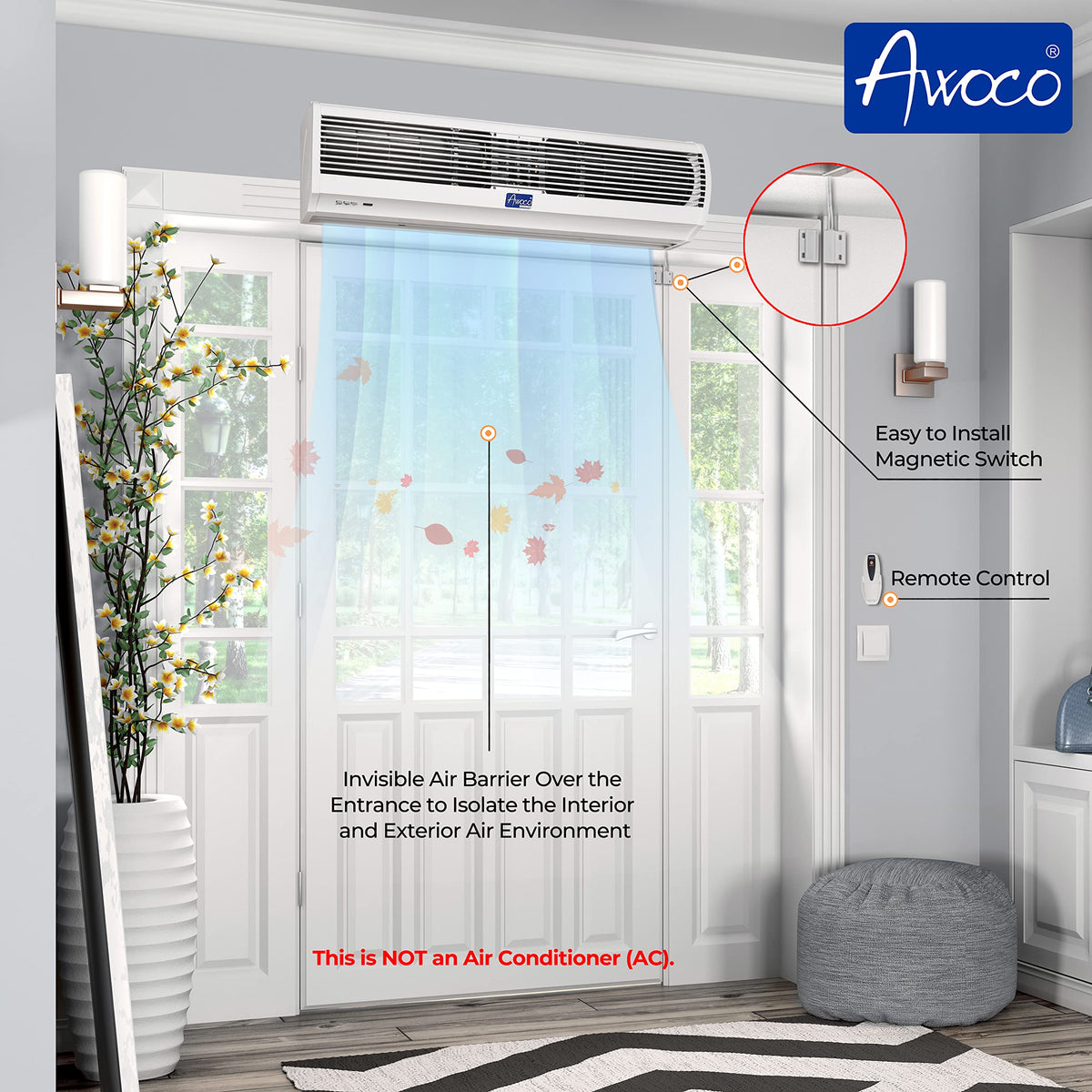 Awoco 36" FM-1209T 1100 CFM Slim Indoor Air Curtain, CE Certified, 120V Unheated with Remote Control and Magnetic Switch, Powerful, Quiet, Small Body, Light Weight