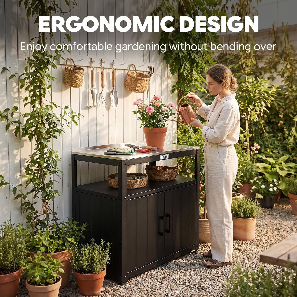 Feasto Outdoor Potting Bench with Storage Cabinet, Garden Work Bench & Potting Table, Stainless Steel Tabletop Potting Station for Patio Lawn Greenhouse Gardening