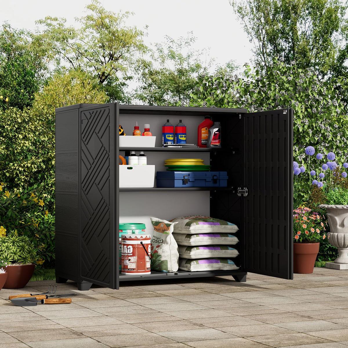 ZZM Indoor/Outdoor Storage Cabinet Waterproof, 34"x15"x34" Plastic Outdoor Storage Box for Garden Balcony Bathroom, All Weather Outdoor Storage Clearance, DIY Usage, with 2 Shelf (Black)