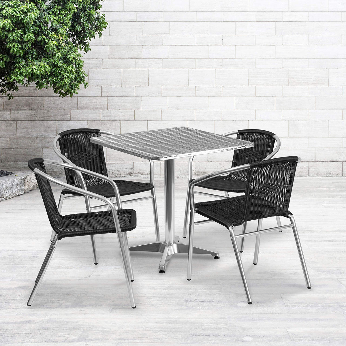 Flash Furniture Lila 27.5'' Square Aluminum Indoor-Outdoor Table Set with 4 Black Rattan Chairs