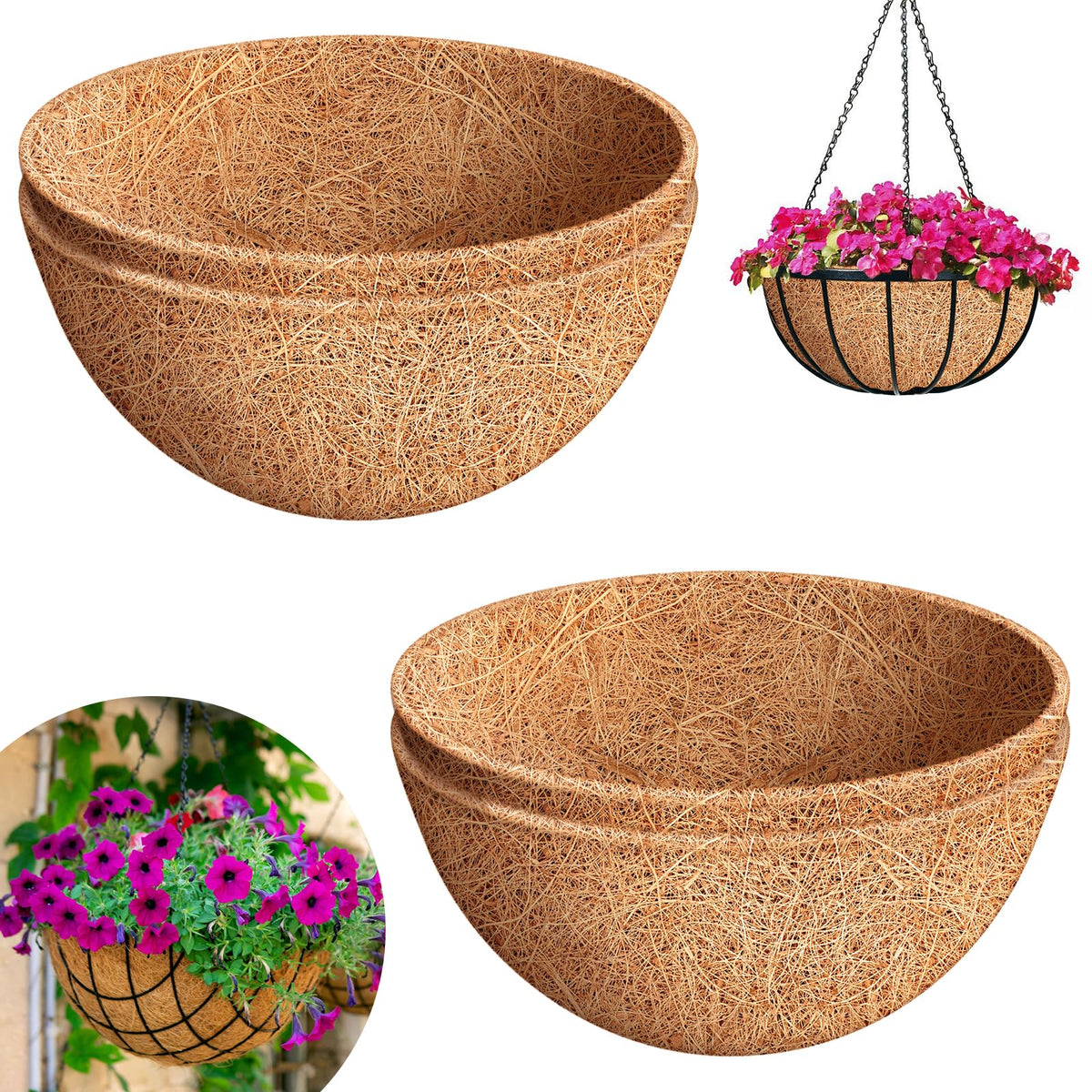 Riare 4 Pack 20 Inch Round Coco Liners Replacement, 100% Natural Coconut Coir Liners for Hanging Baskets, Garden Flower Vegetables Planter Pot, Window Box, Fence, Decks