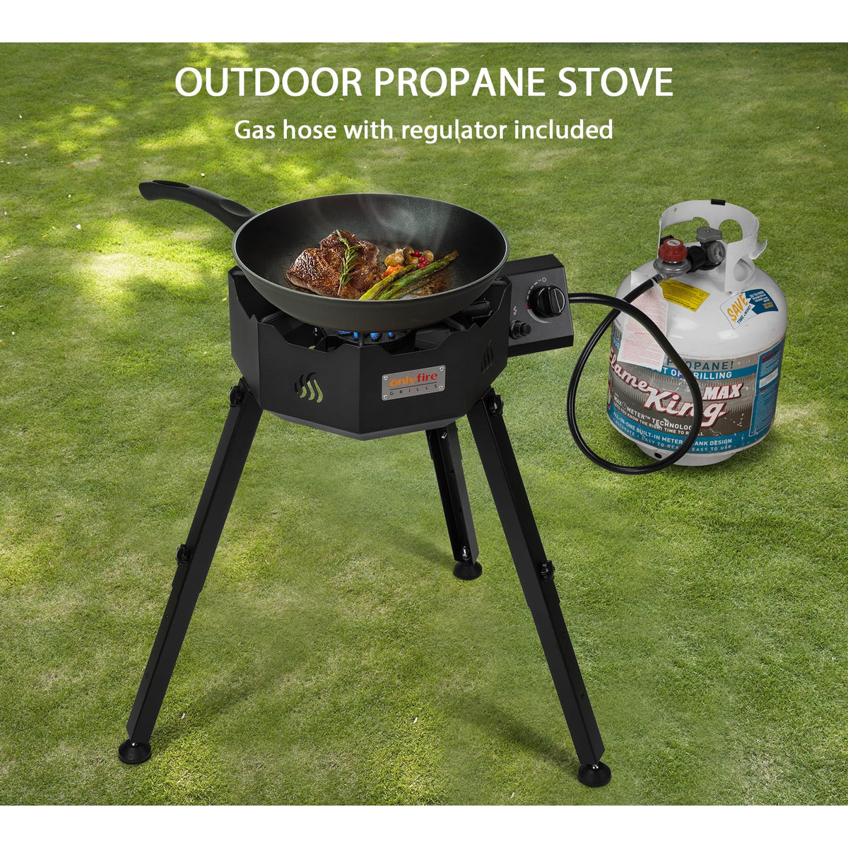 ONLYFIRE GRILLS Portable Gas Burner with Adjustable Removable Legs, Propane Camping Stove for Backyard RV Tailgating Outdoor Cooking, for Wok, Skillet, Frying Pan, Pot, 4FT Hose, 65000BTU, GS301