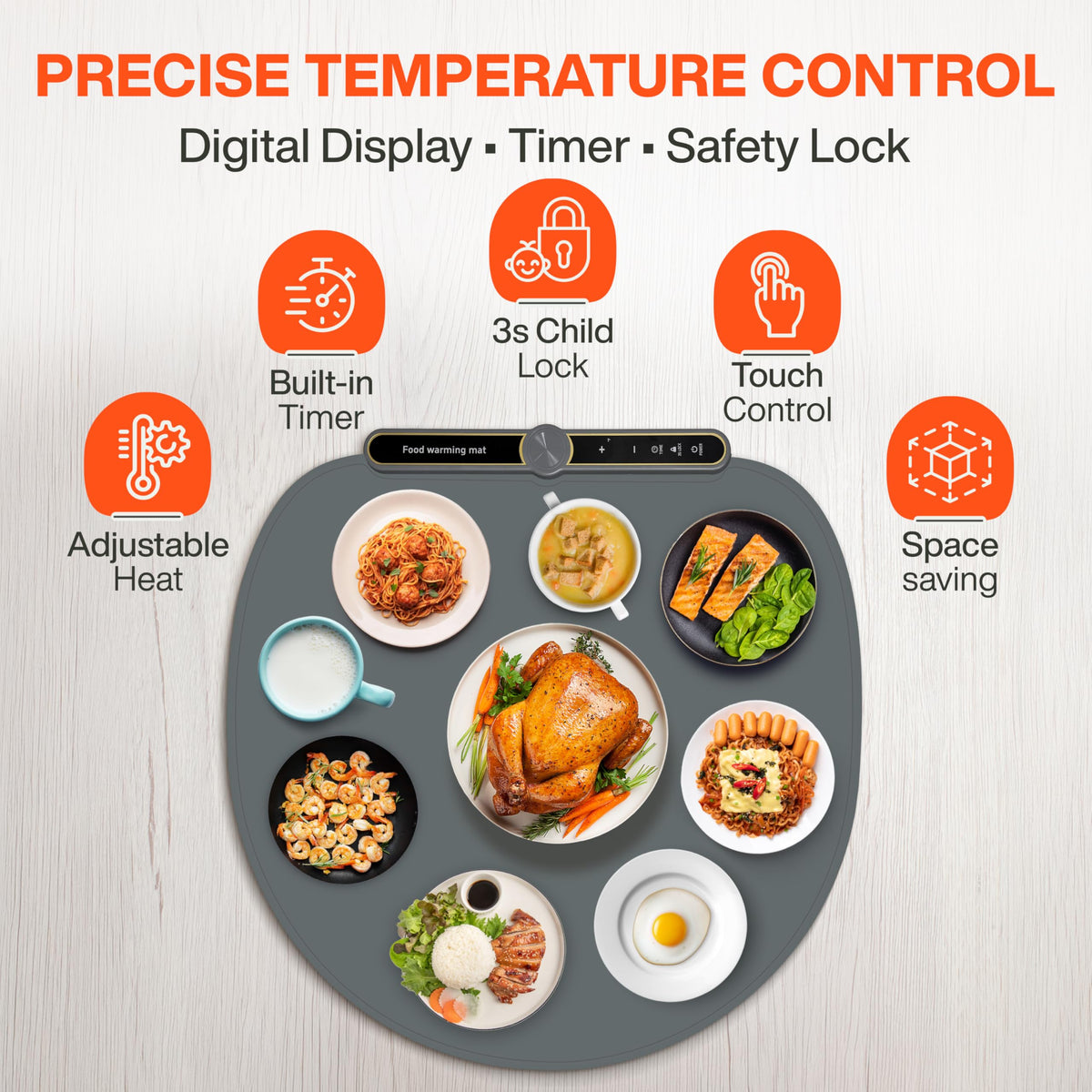 Round Food Warming Mat XXL 27.5''x27.5'' (Gray) - Electric Food Warming Tray with 9 Temp Levels - Silicone Food Warmers for Parties Buffet with Timer, Child Lock & Fast Heating