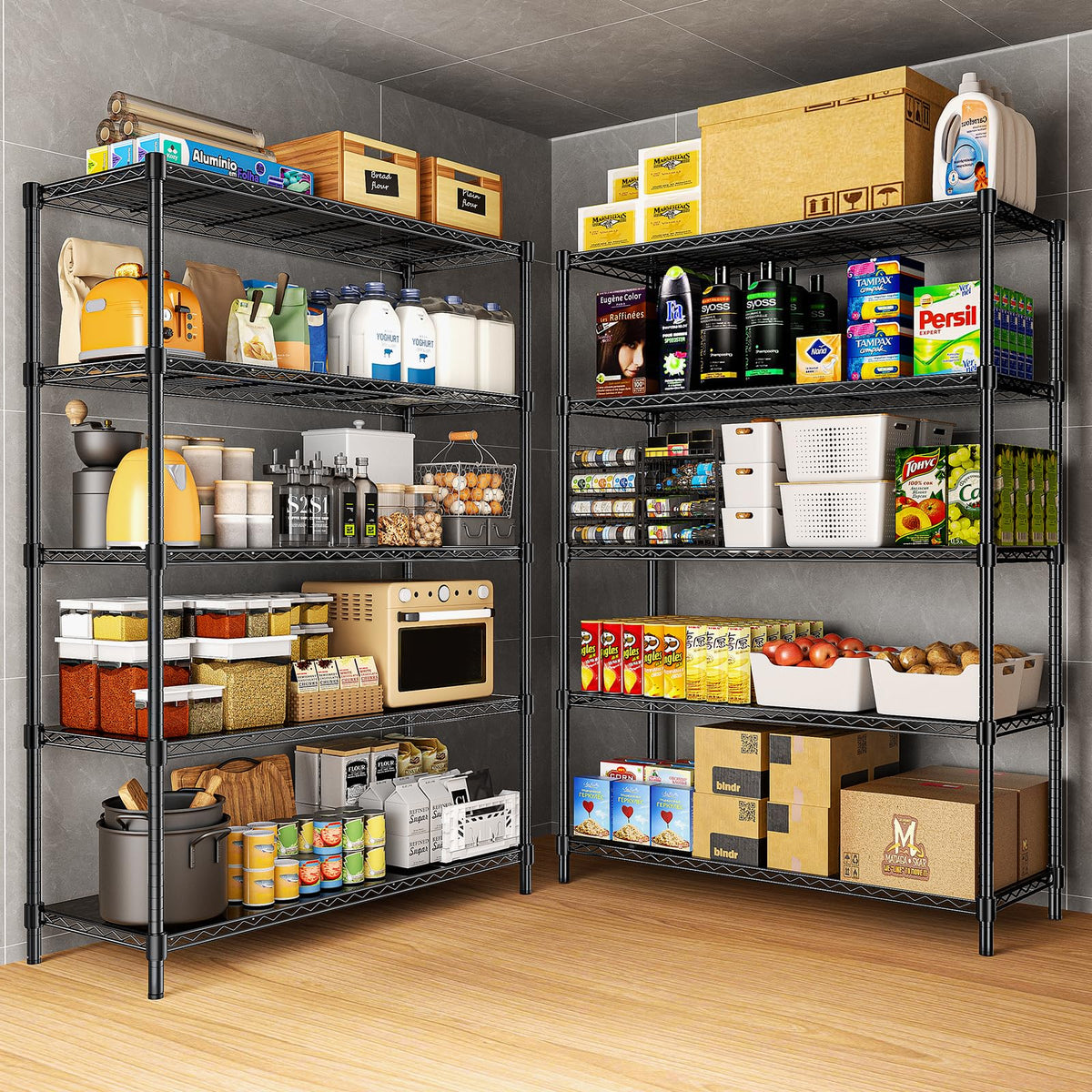 RackBro 48" W Garage Shelving 1875LBS Heavy Duty Wire Shelving Unit, Metal 5-Tier Adjustable Steel Storage Rack with Liners, Storage Tote Rack, 48" W x 18" D x 72" H for Garage Commercial, Black