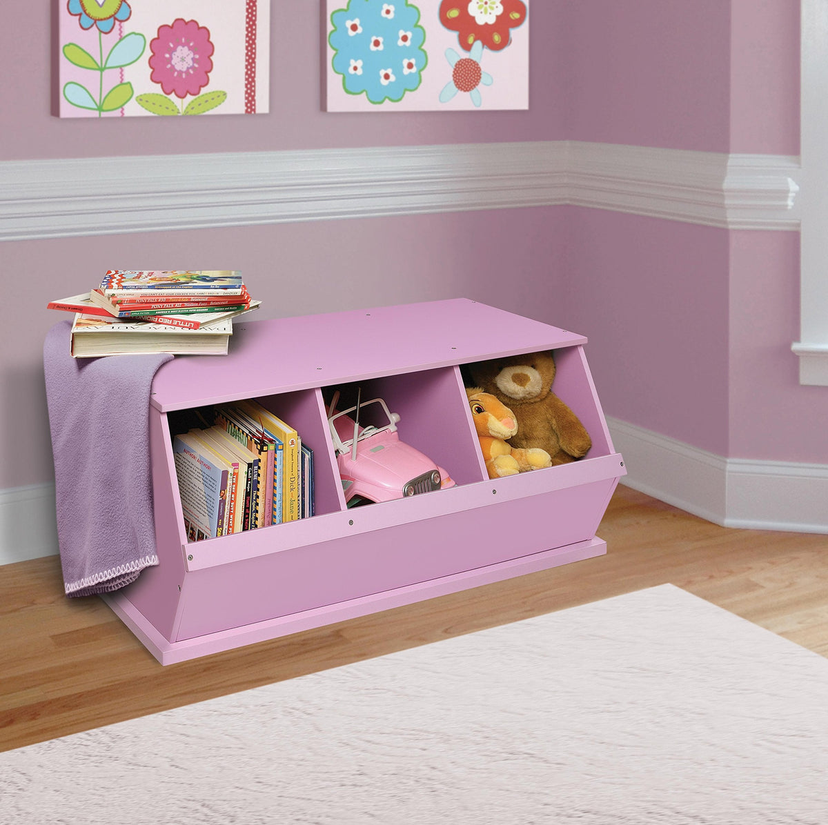 Badger Basket Stackable 3-Bin Storage Cubby - Modular Toy and Craft Organizer with Wide Mouth Bins, Expandable Design, Solid Panel Construction - Compatible with Other Units - Lilac
