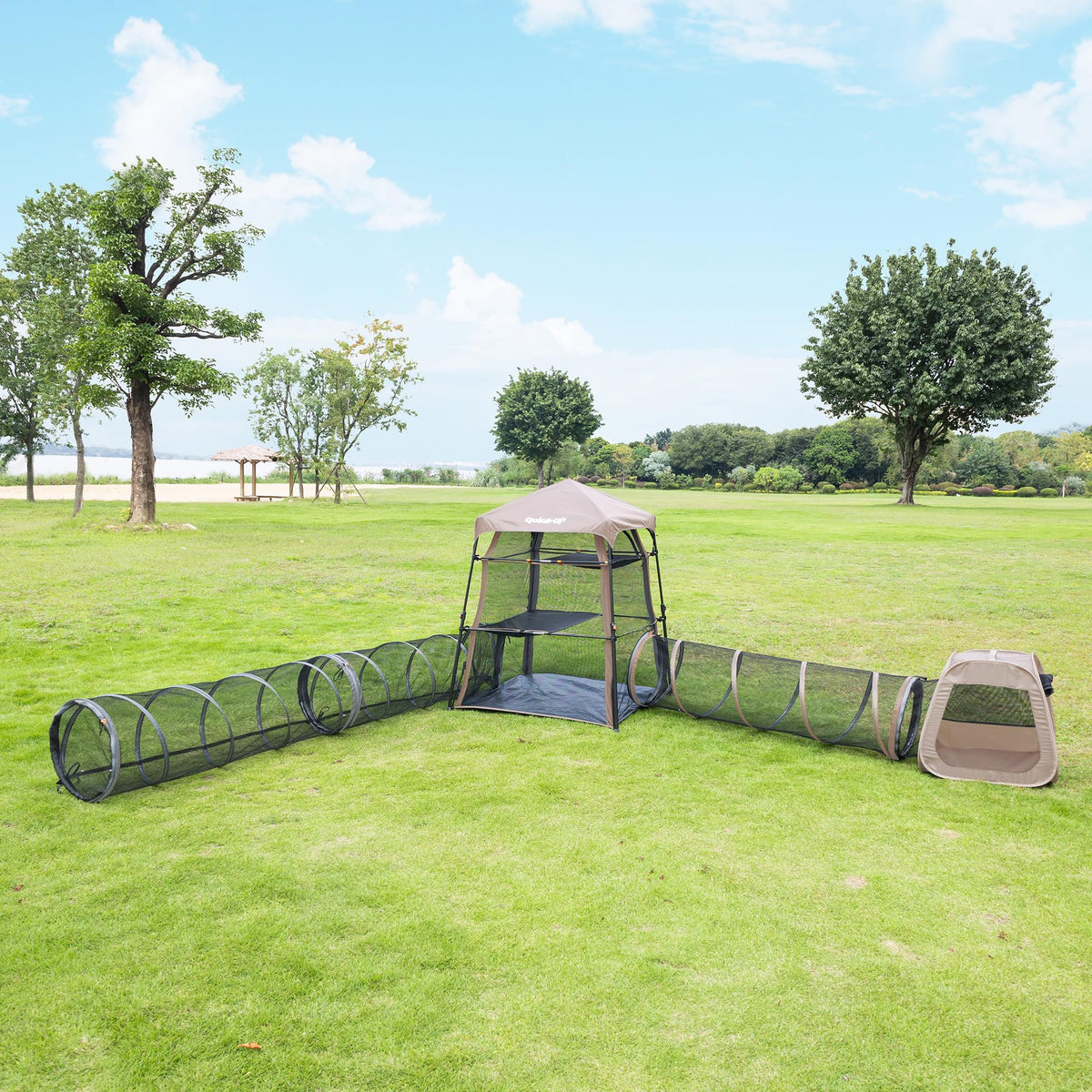 Catio Outdoor Cat Enclosure Combo for Indoor and Outdoor,3 Tier Cage Inside, Pop up Catio,Portable and Foldable(Includes one cat Tower Tent,one Tunnel and a cage) + cat Tunnel(2 Packs)