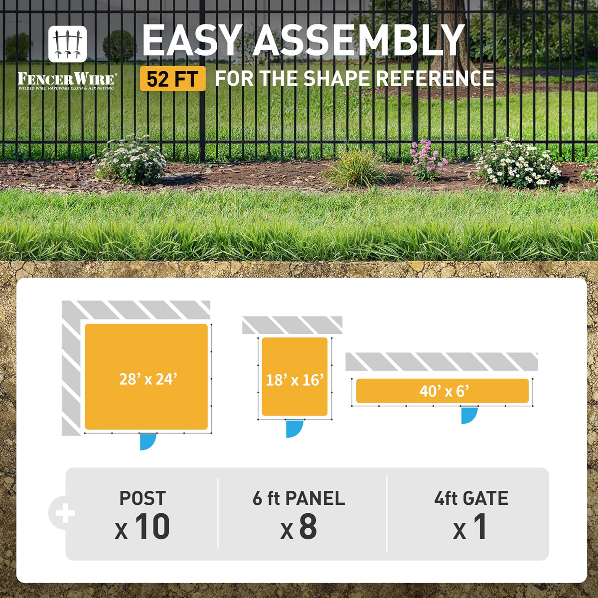 Fencer Wire 52FT Heavy Duty Flat Top Fence Barrier Kit, Anti-Rust Metal Steel Fence with 6FT Height X 6FT Width Panels, with Flat Top Gate, Posts, Connectors, Outdoor Fencing for Yard
