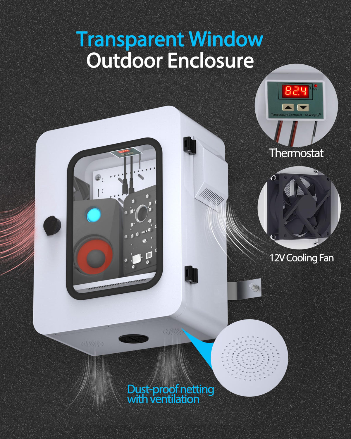 Akwscyby Outdoor Electrical Box with Clear Window and Thermostat and Fan, Precise Temperature Control 0.1°F, IP65 Water Resistant Rating, Galvanized Steel, Aluminum Rear Beam(17.7" x 13.8" x 7.9")