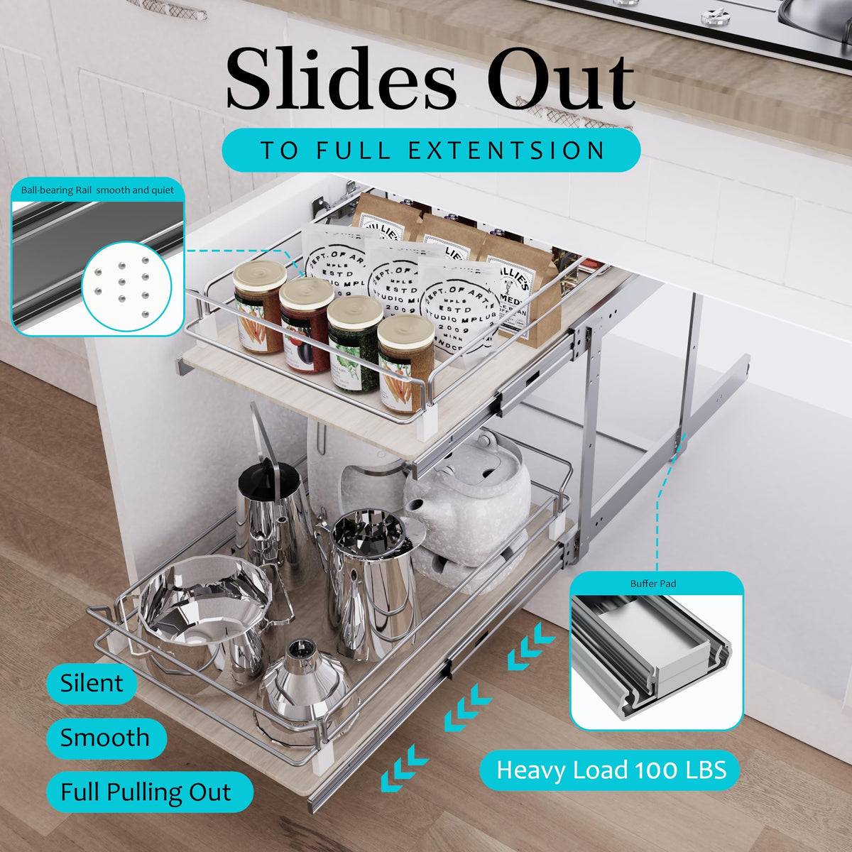 2 Tier Pull Out Cabinet Organizer 20" W X 22" D, Slide Out Drawers For Kitchen Cabinets, Pull Out Drawers For Cabinets Capacity Heavy Duty Caddy, Cabinet Pullout Shelves Wood Chrome, Pantry Storage