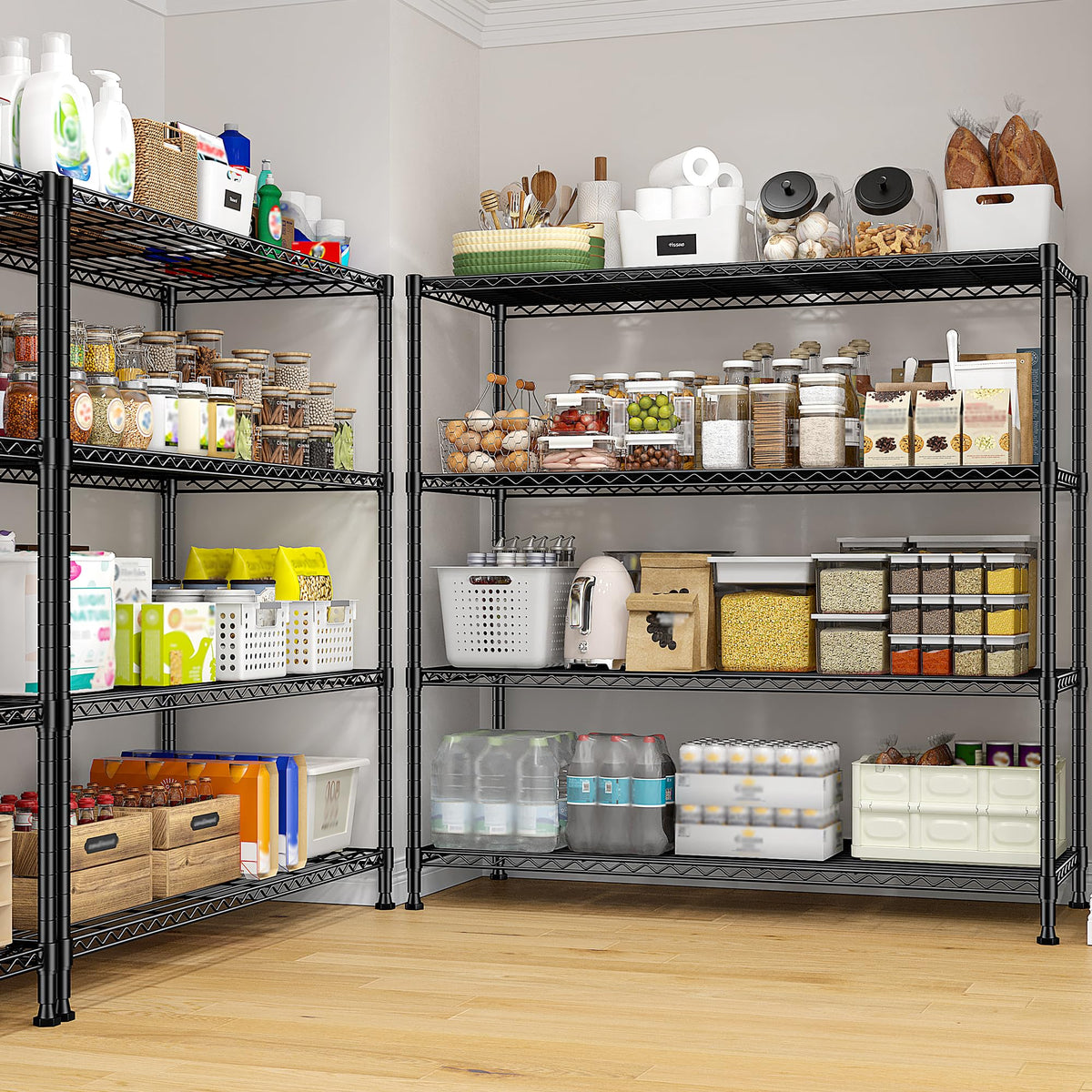 45 "W Metal Shelving Unit 4 Tier Storage Shelves Adjustable Wire Shelving Metal Shelf Pantry Shelves Wire Rack Commercial Shelving for Kitchen Pantry Utility Room Garage 45 "W x 59.4 "Hx 13.5" D Black