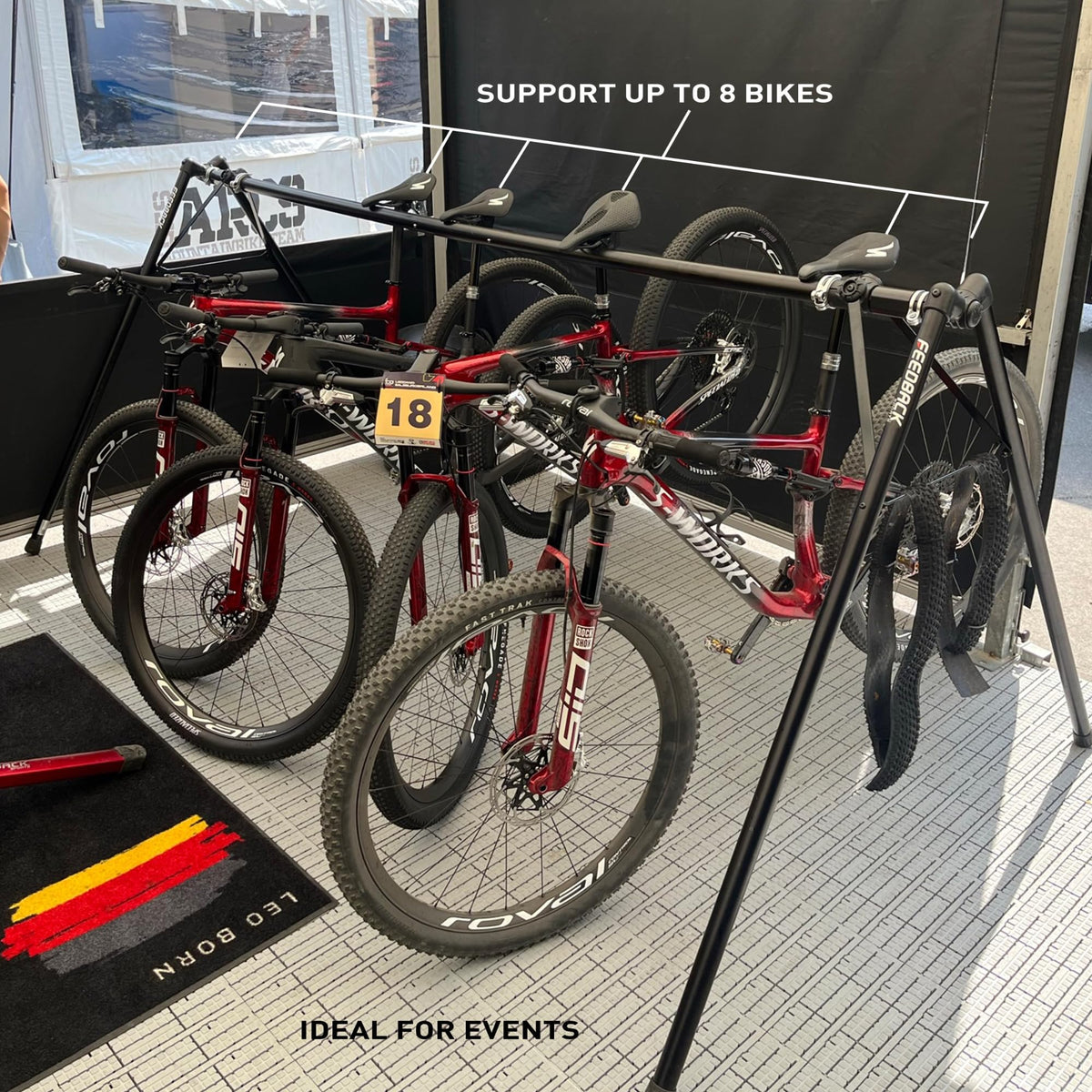 Feedback Sports | A-Frame Portable Bike Storage Rack with Travel Bag | Lightweight Collapsible Aluminum | Bicycle Hanger up to 8 Bikes | For Events | Black