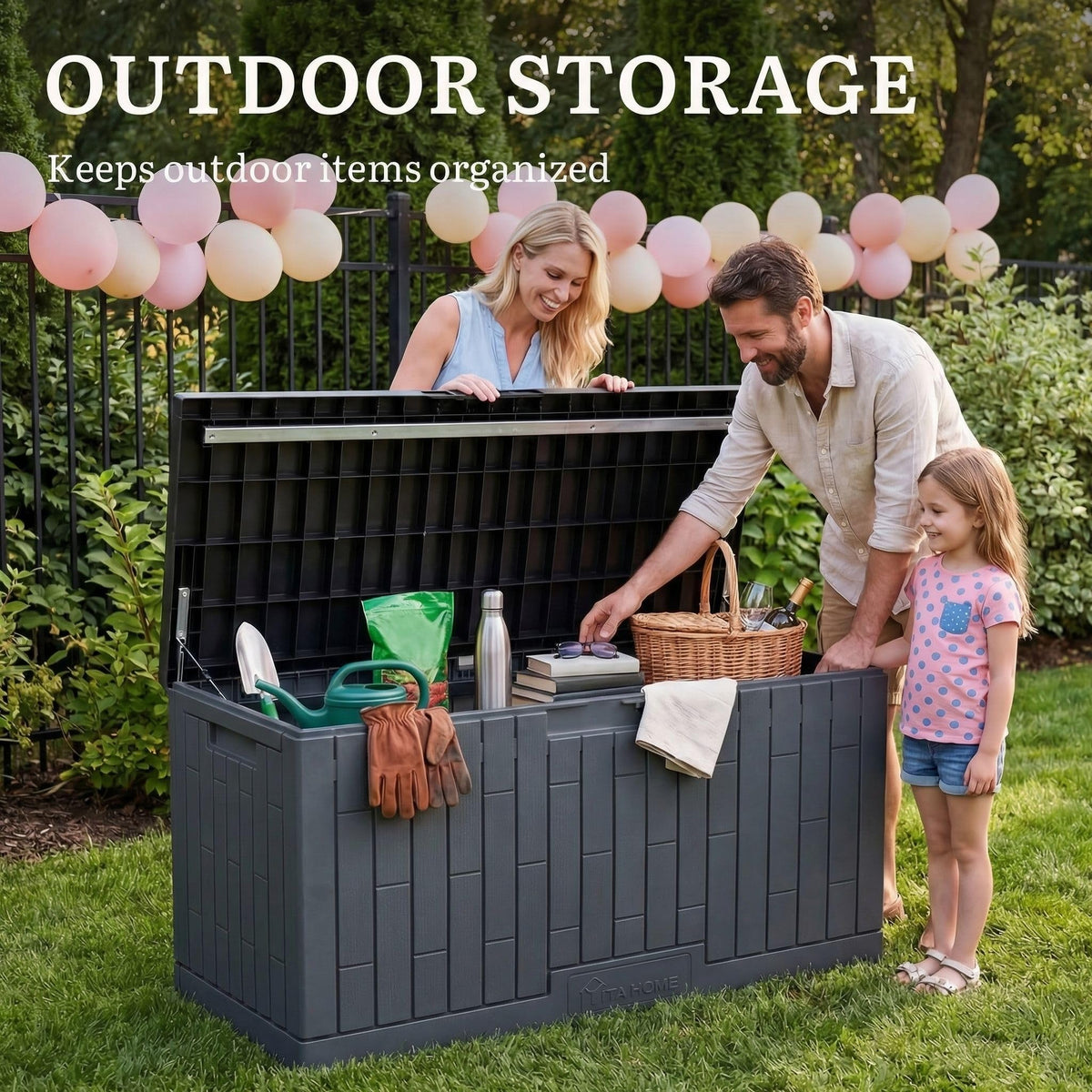 YITAHOME Large Deck Box 120 Gallon Resin Outdoor Storage Box with Slide-Locking Lid, Patio Storage Bin Bench Seat for Outdoor Pillows, Garden Tools and Pool Supplies, Waterproof Lockable, Dark Gray