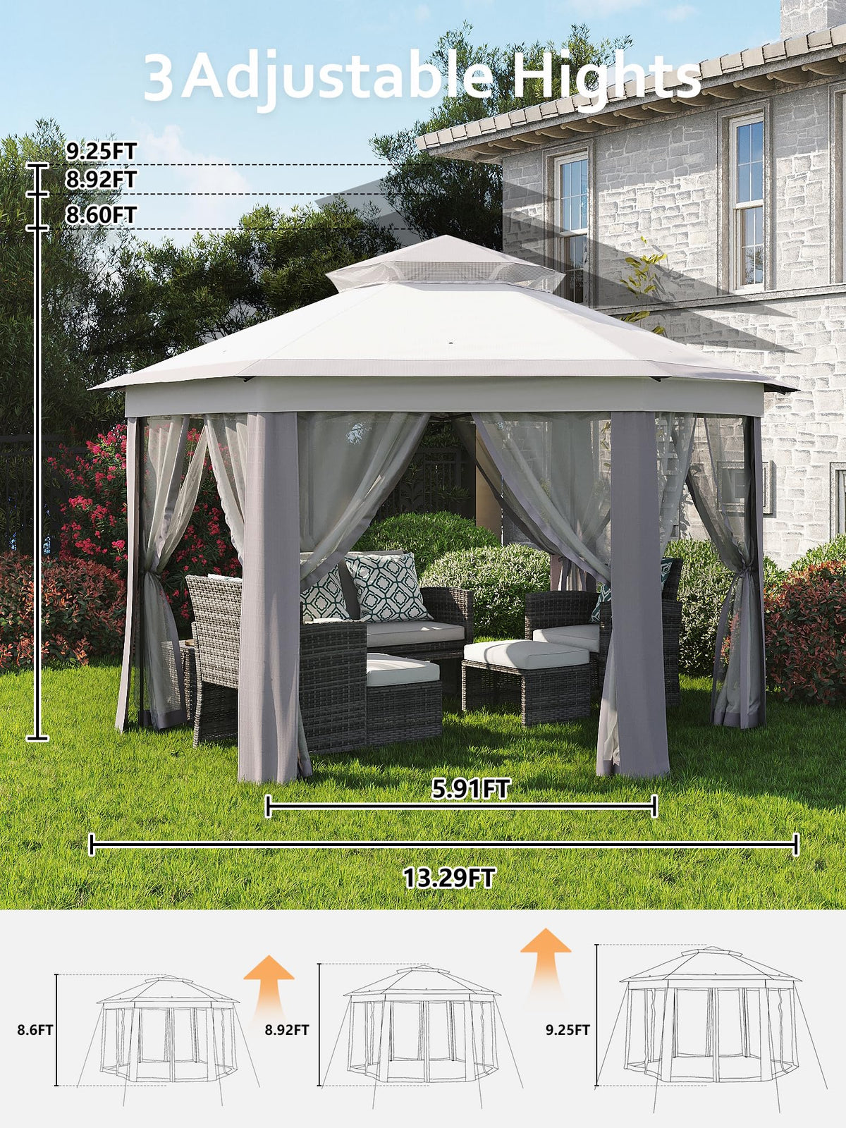 Garvee Pop Up Gazebo Screen Tent,Hexagonal Instant Gazebo Tent with Mosquito Netting Outdoor Canopy,6 Sided Sun Shelter 13x13ft with Mesh Netting,Pavilion Tents for Patio,Light Gray+Dark Gray
