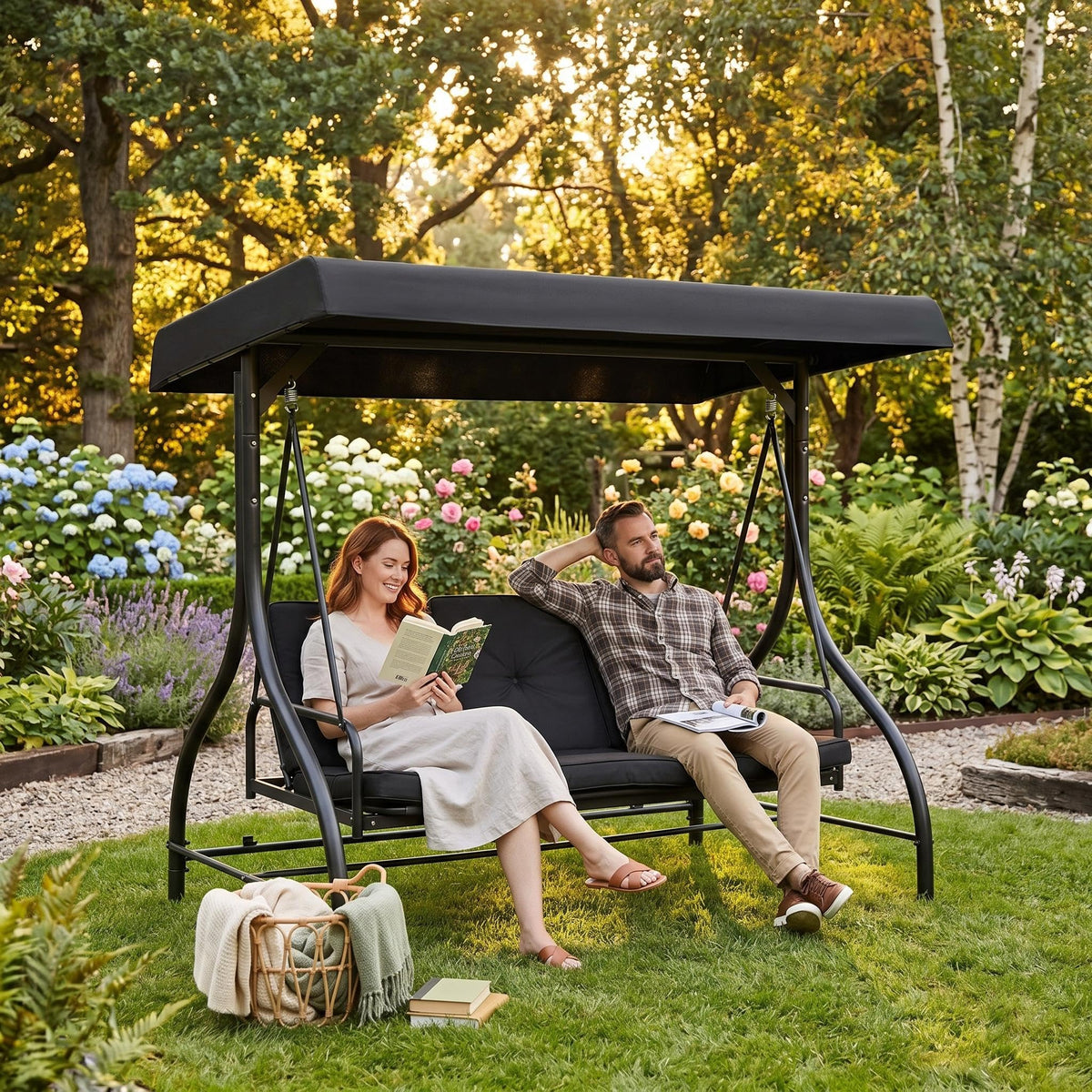Garvee 3 Seater Outdoor Porch Swing with Stand for Adults, 2-in-1 Convertible Design Patio Swing, Thick Soft Cushion & Adjustable Removable Canopy, for Backyard Garden Patio Poolside - Black