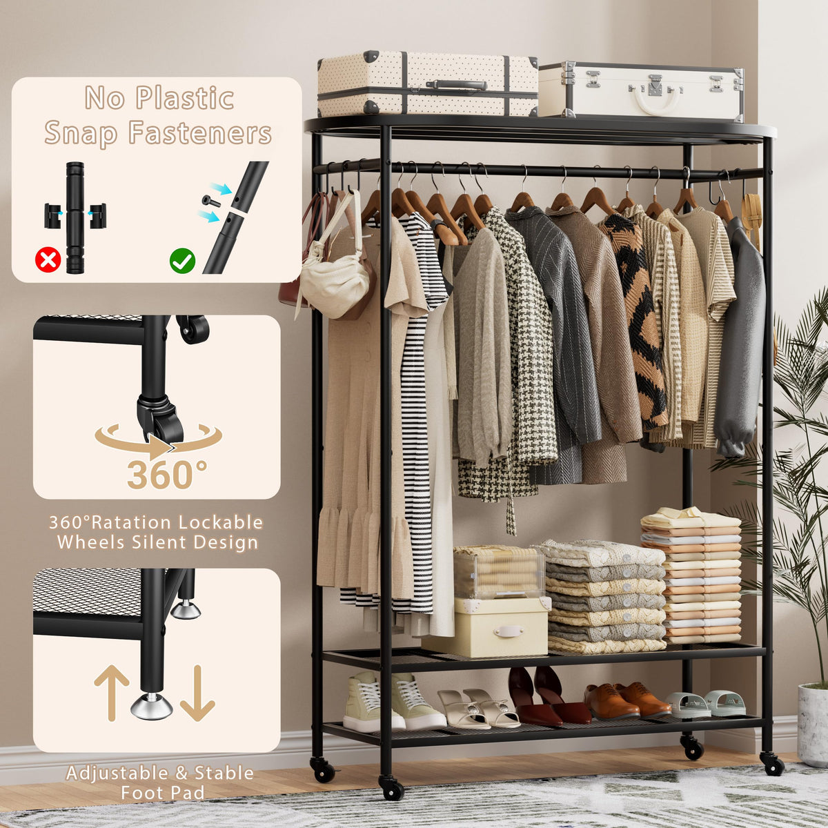 Clothes Rack with Cover, Heavy Duty Portable Closet for Hanging Clothes, Rolling Clothing Closet, Garment Rack with Wheels&Side Hooks, Closet Organizers and Storage with Black Cover, Max Load 380LBS