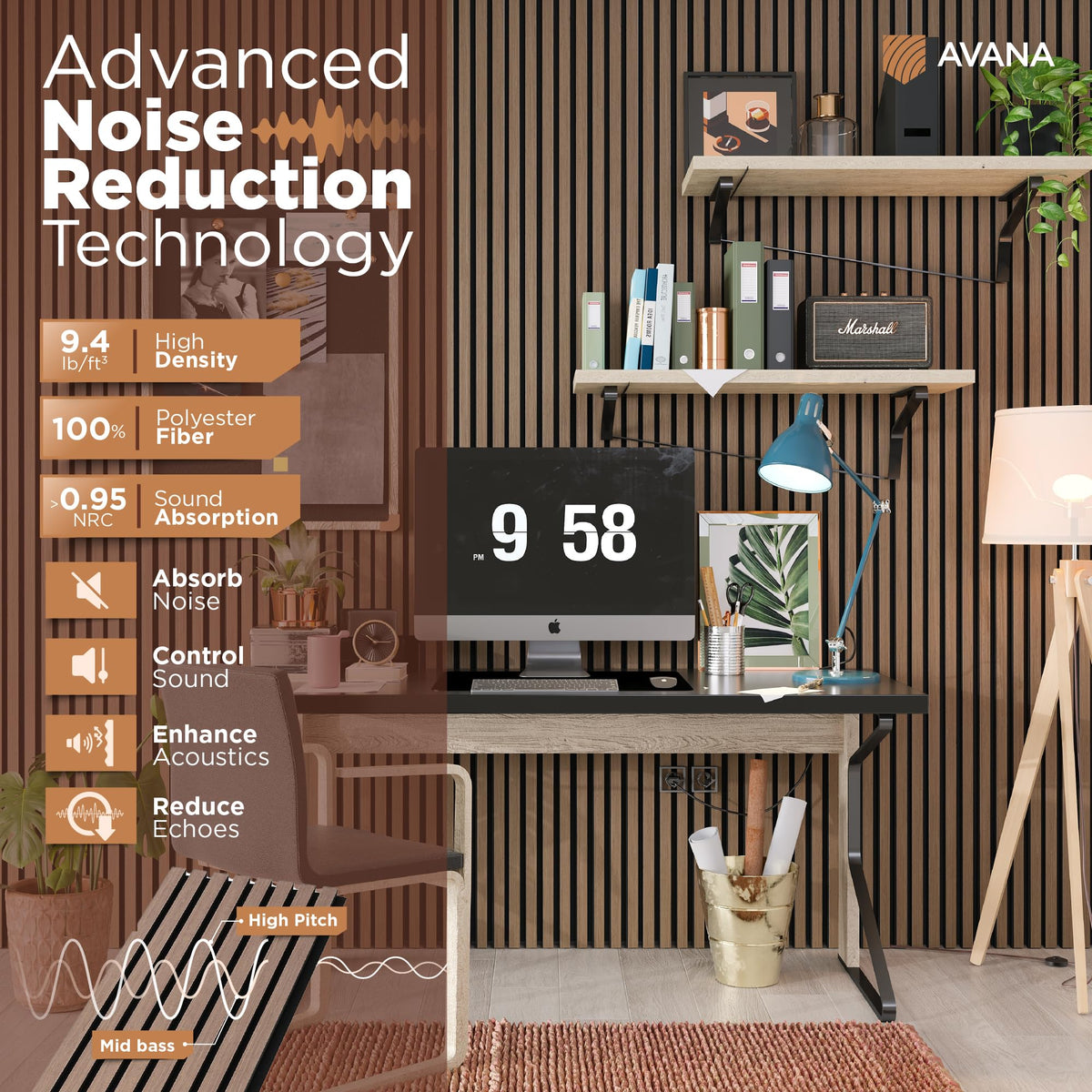 Avana Acoustic Wood Wall Panels – 93.2x11.25 Inch Panels – Fits 94x12 Layout – Smoke Walnut Acoustic Panels 2 PCs – Wall Panels for Interior Wall Decor for Homes, Offices – Wood Panels for Wall