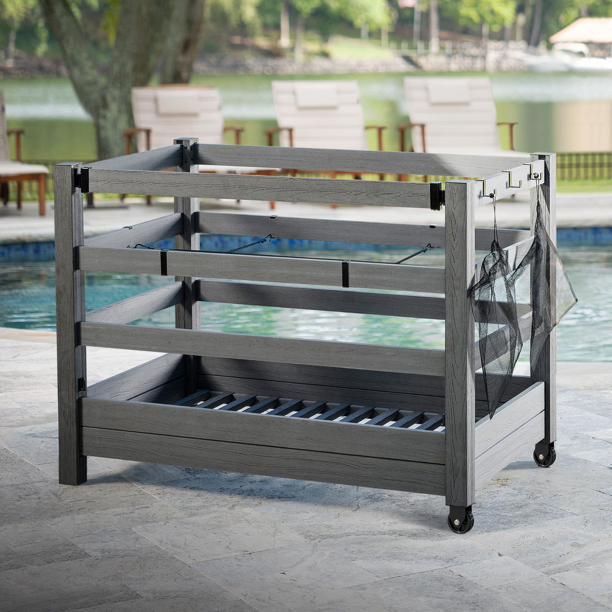 3.4ft H x 4.6ft W x 2.8ft L WoodTek Poolside Organizer and Pool Float Storage Rack, Wheeled Storage for Toys, Floats, and Accessories - Durable Pool Deck Caddy & Organizer w/ Dividers, Zippity AZ19078