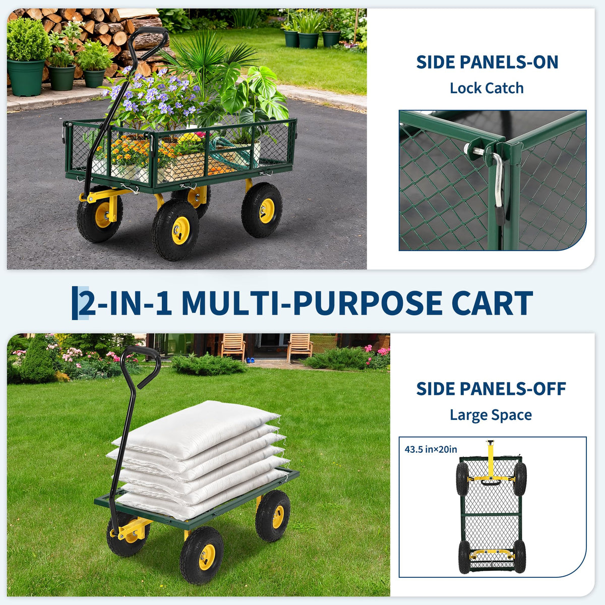 900 lbs Heavy Duty Steel Garden Cart, Garden Wagon Cart on Wheels, Outdoor Metal Yard Utility Wagon Carts with and Mesh Removable Sides and 180°Rotating Handle,Green