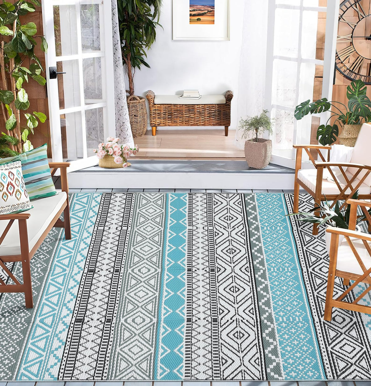 COZYLOOM Outdoor Rug for Patio 9x18 ft Waterproof Clearance, Reversible Indoor Outdoor Plastic Straw Camping Rug Carpet, RV Mat, Large Area Rug for Deck, Backyard, Balcony, Porch, Beach, Blue/Grey