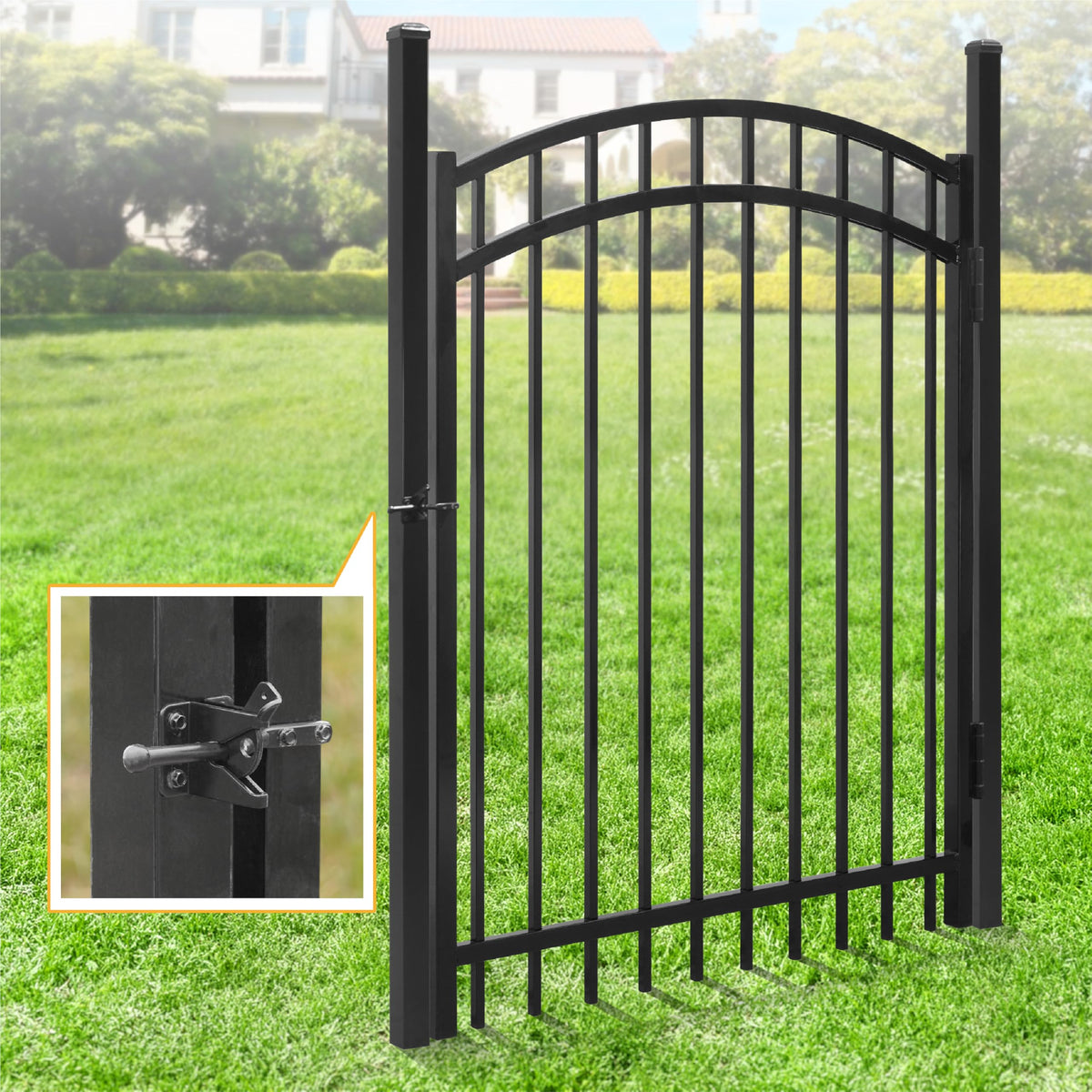 Fencer Wire 76FT Heavy Duty Flat Top Fence Barrier Kit, Anti-Rust Metal Steel Fence with 5FT Height X 8FT Width Panels, with Arched Gate, Posts, Connectors, Outdoor Fencing for Yard