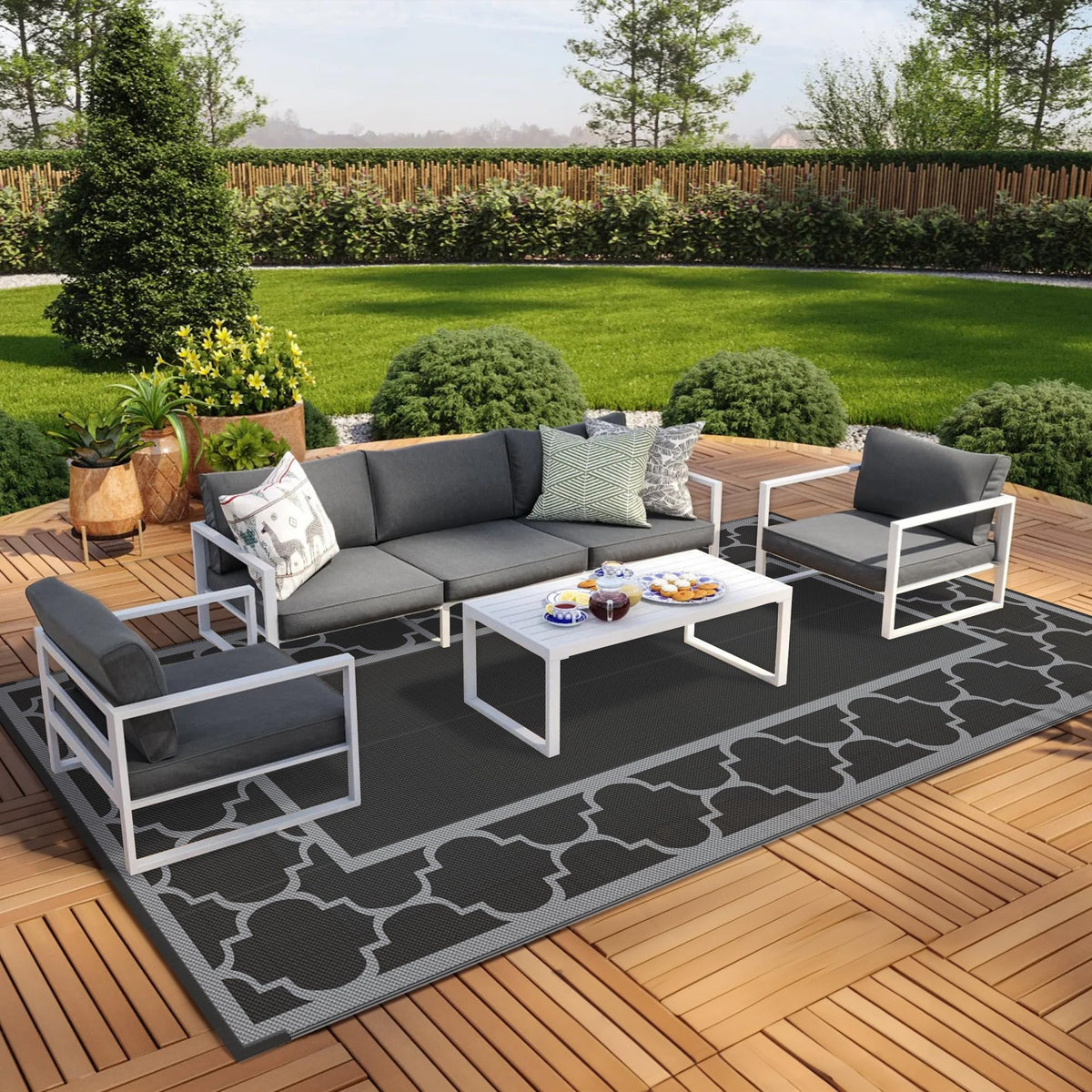 GENIMO 9' x 18' Outdoor Rug Waterproof for Patio, Foldable Reversible Plastic Straw Area Rugs Mat for Rv Decor, Outside Carpet for Camper, Deck, Picnic, Beach, Balcony, Porch, Black & Grey