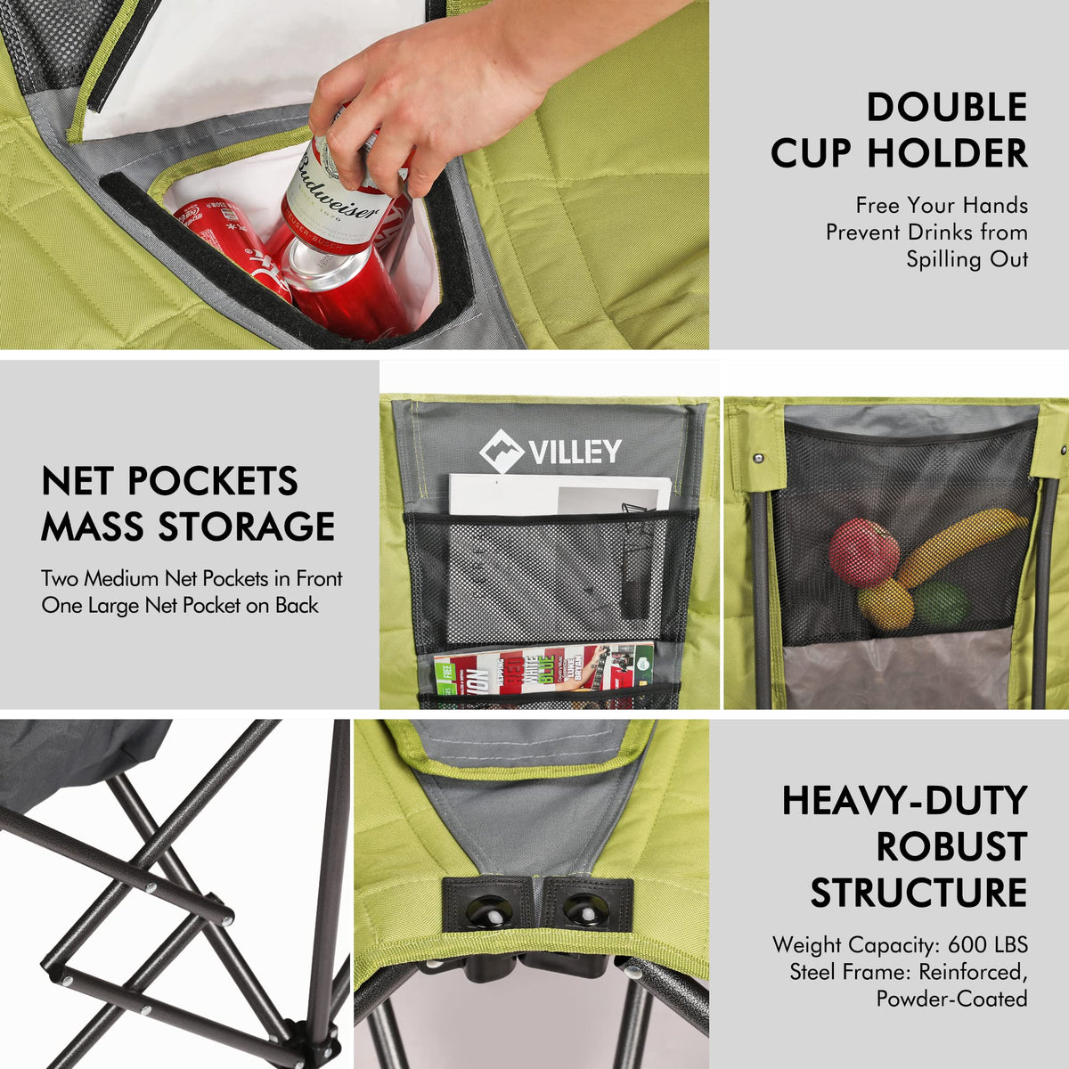 VILLEY Double Camping Chair w/Cooler Bag, Extra Wide Loveseat, Heavy Duty Padded Camping Couch, Portable Folding Chair w/Carry Bag Steel Frame Cup Holders for Camp Lawn Picnic Sports, Support 600LBS