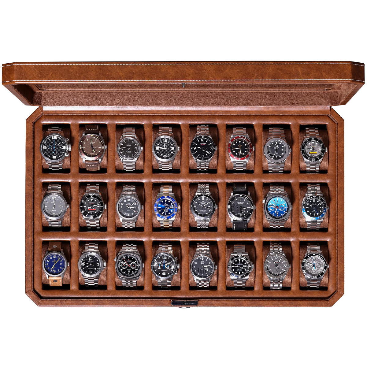 ROTHWELL 24 Slot Watch Case with Lock – Luxury Watch Box to Display and Organize Your Collection | Real Glass Top | Premium Storage for Collectors (Tan/Brown)