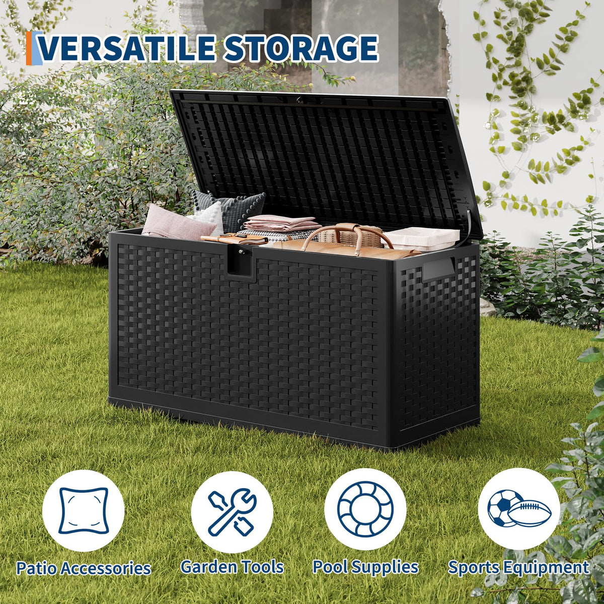 73-150 Gallon Large Outdoor Storage Box - Waterproof Resin Deck Box with Lockable Lid & Gas Struts, All-Weather Patio Storage Bench for Cushions, Pool Toys, Garden Tools, Rattan Texture (Brown/Black)