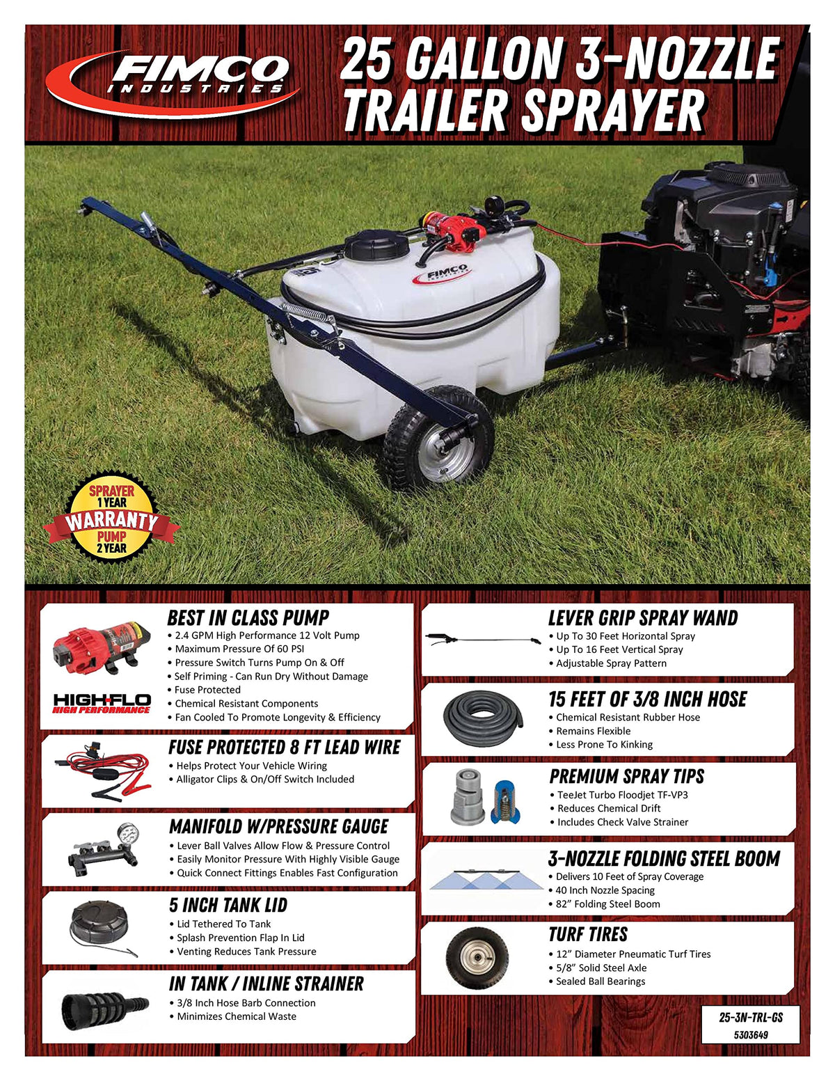 FIMCO 5303649 25-Gallon Trailer Sprayer, 2.4 GPM Pump, 3-Nozzle Boom, Durable, High-Pressure Lawn & Garden Sprayer, DU-Most Hand Scrub & Cleaner, 4 oz