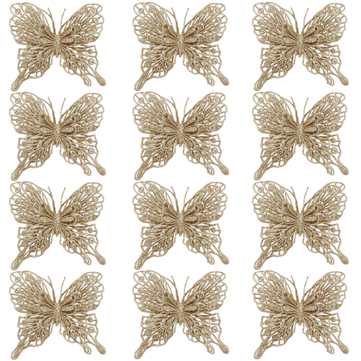 Butterfly Decorations Champagne Gold Glitter Christmas Tree Butterfly Ornaments Artificial Butterflies with Clip & Stem for Xmas Party Wreath Garland Decor - 12-Pack 5inch 3D Hollow Butterflies