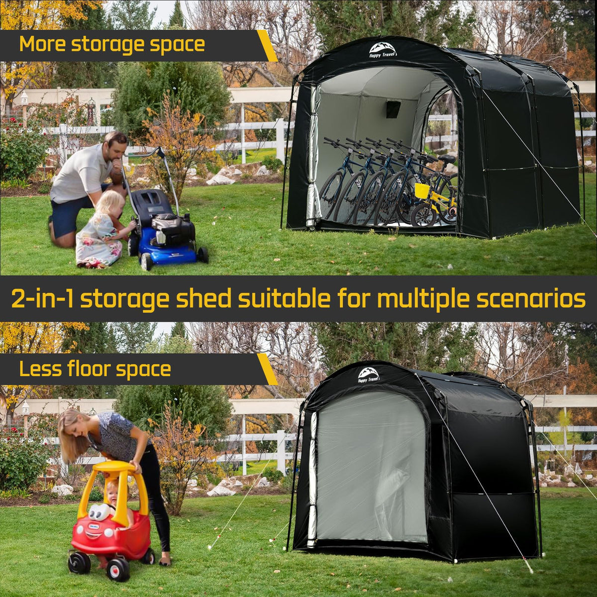 Happy Travel Bike Storage Tent, Outdoor 8×7×6.3ft Large 2-in-1 Portable Shed More 30% Top Space W/Double Doors with Mesh, Outside Lawn Mower Shelter and Bicycle Cover for Patio Furniture, Garden Tools