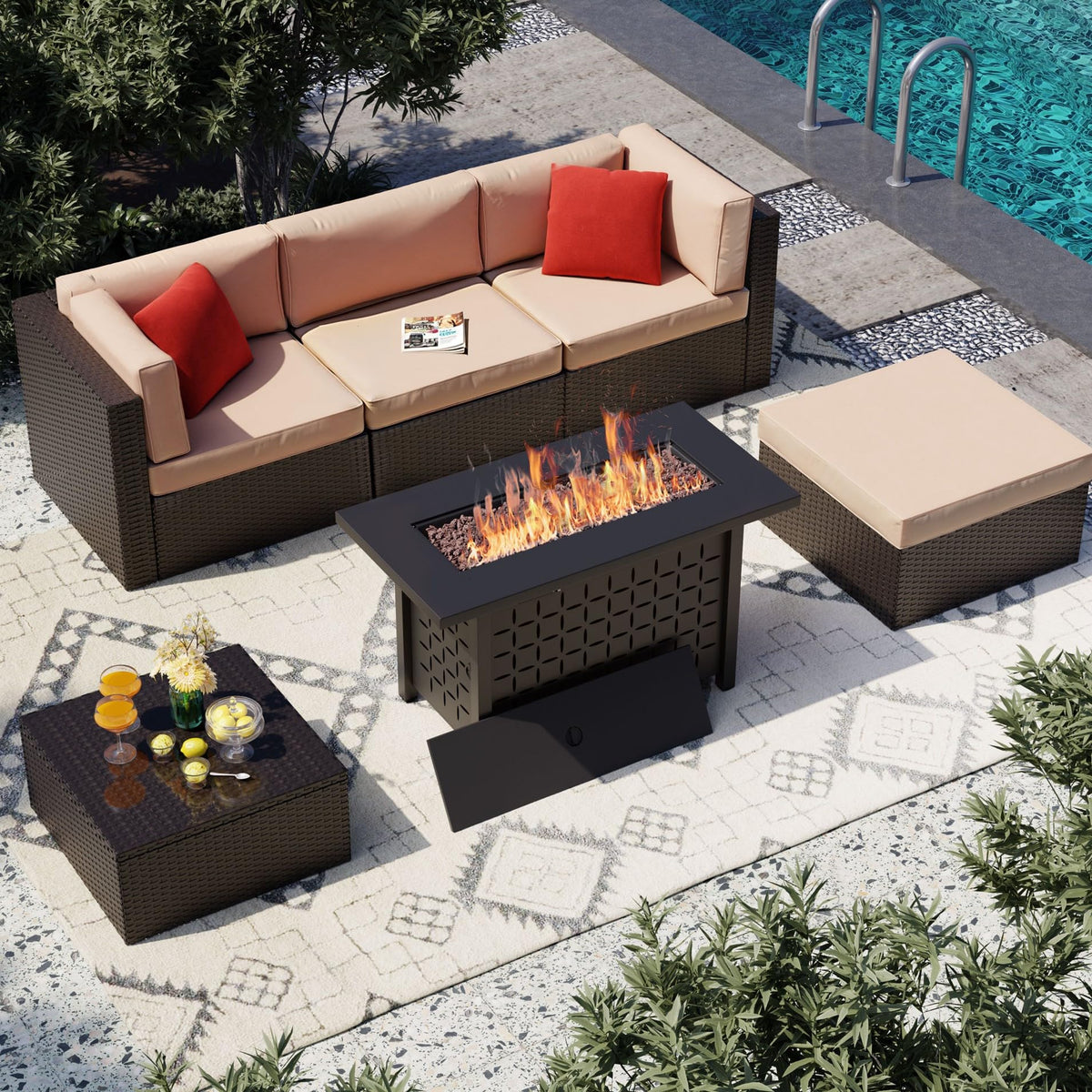 Vongrasig 6 Piece Patio Furniture Set with Fire Pit Table, Outdoor Conversation Sets Rattan Sectional Sofa with Coffee Table, 43 inch Propane Gas Firepit Table with Lid, Beige