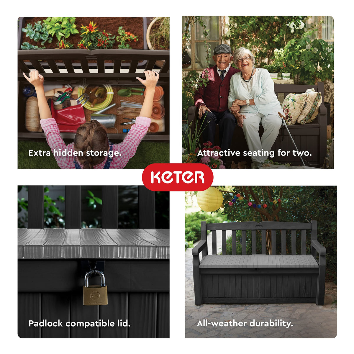 Keter Solana 70 Gallon Storage Bench Deck Box for Patio Furniture, Front Porch Decor and Outdoor Seating – Perfect to Store Garden Tools and Pool Toys, Brown/Brown