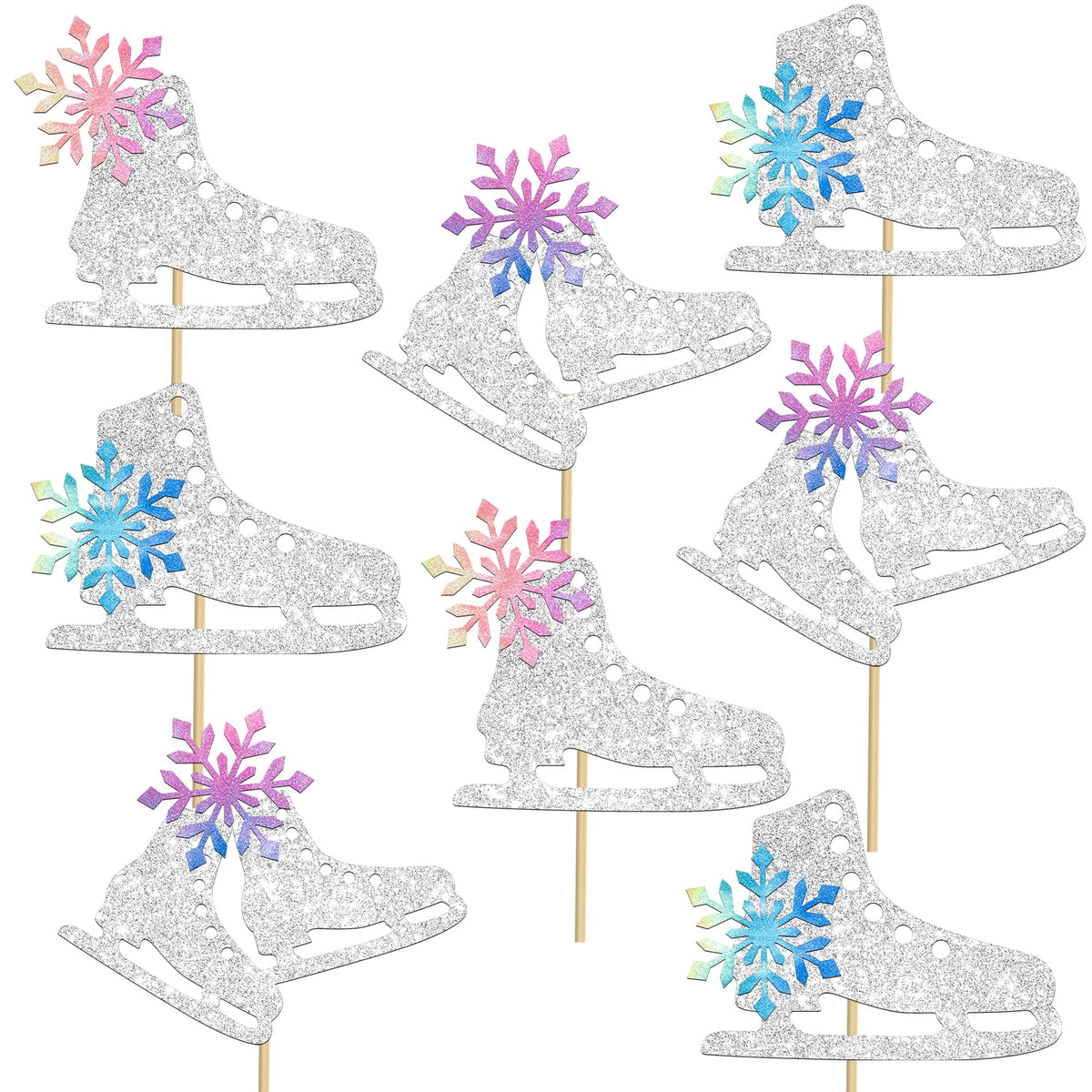 Ice Skating Centerpiece Sticks Snowflake Ice Sports Theme Party Decorations 12PCS Glitter Silver Ice Skate Baby Shower Table Topper Decorations for Skating Birthday Party Supplies