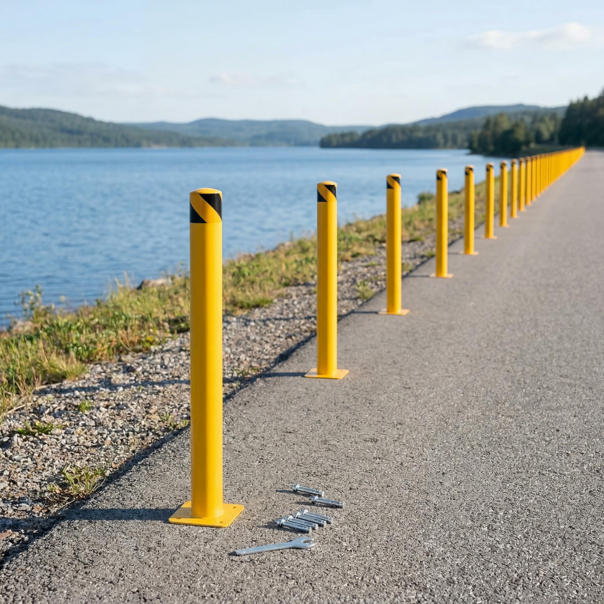 4-Pack 48 Inch Steel Safety Bollards, 4.5 Inch Diameter Parking Bollard Post with 16 Anchor Bolts, Yellow Safety Steel Bollard Post for Driveway Barrier, Traffic Control & Storefront Protection