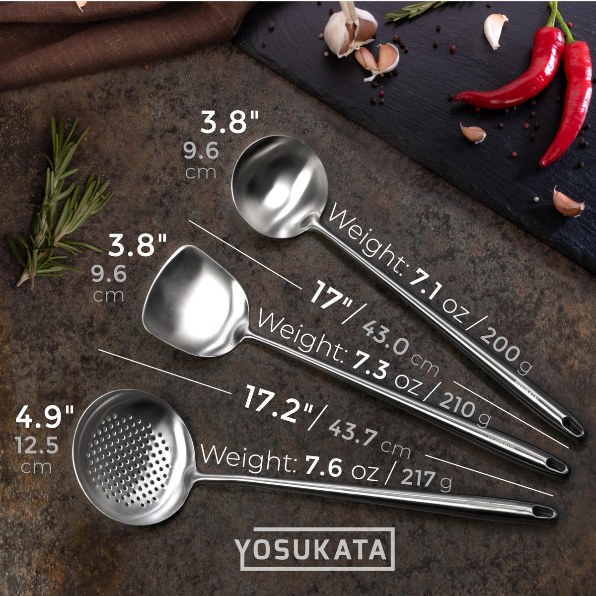 YOSUKATA Flat Bottom Wok Pan - 13.5" Blue Carbon Steel Wok PLUS 17" Wok Spatula and Ladle Skimmer Spoon - Stainless Steel Cooking Utensils Set of 3