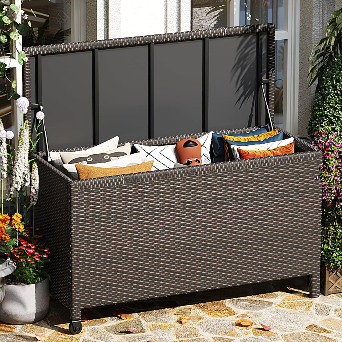 Wicker Deck Box, 125 Gallon All-Weather Outdoor Storage Box, Rattan Storage Bin for Patio Furniture, Outdoor Cushions, Pool Storage and Garden Tools, Brown