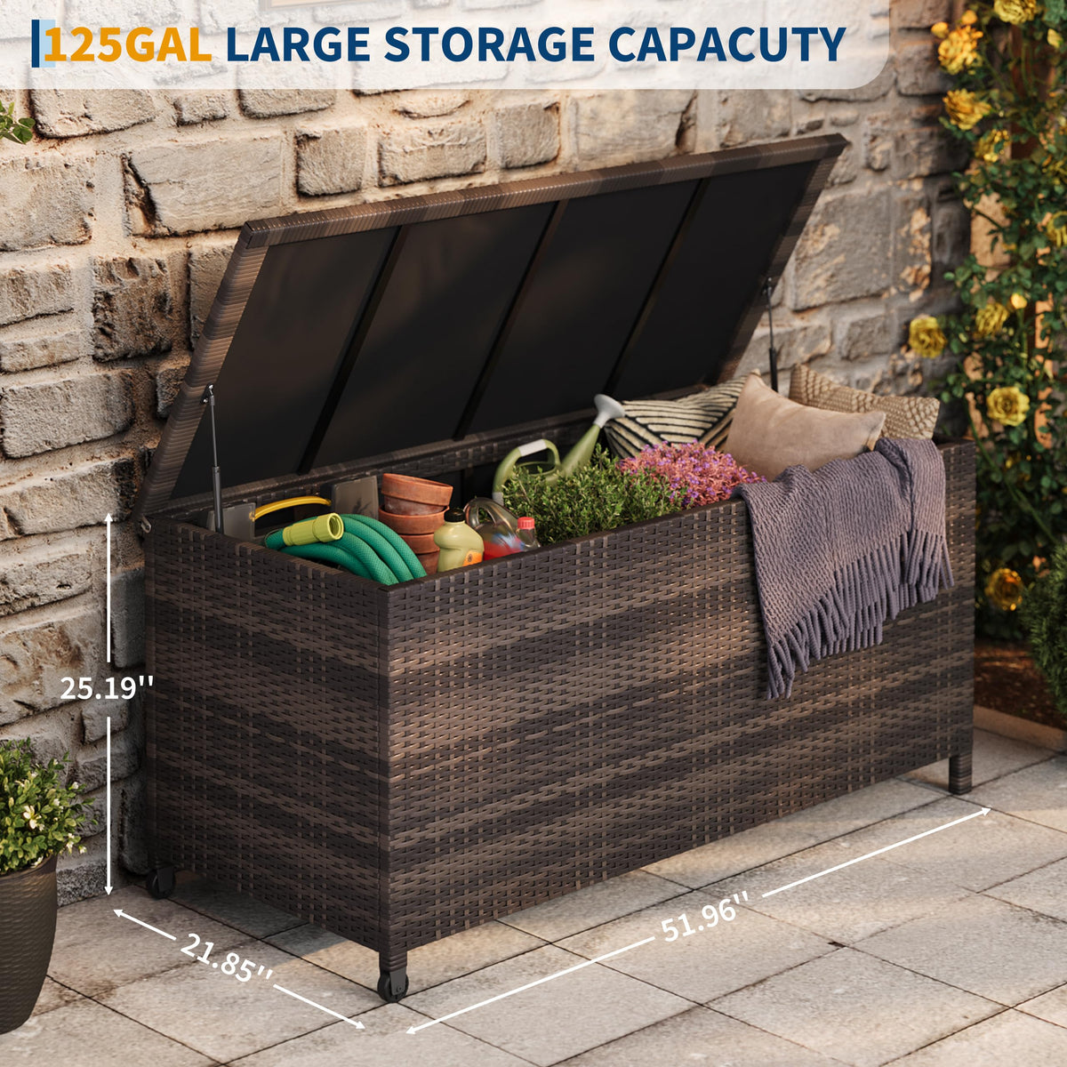 125 Gallon Large Deck Box Waterproof PE Rattan Outdoor Storage Box with Handles and Wheels, Storage Bin for Garden, Balcony, Porch, Pool, Yard