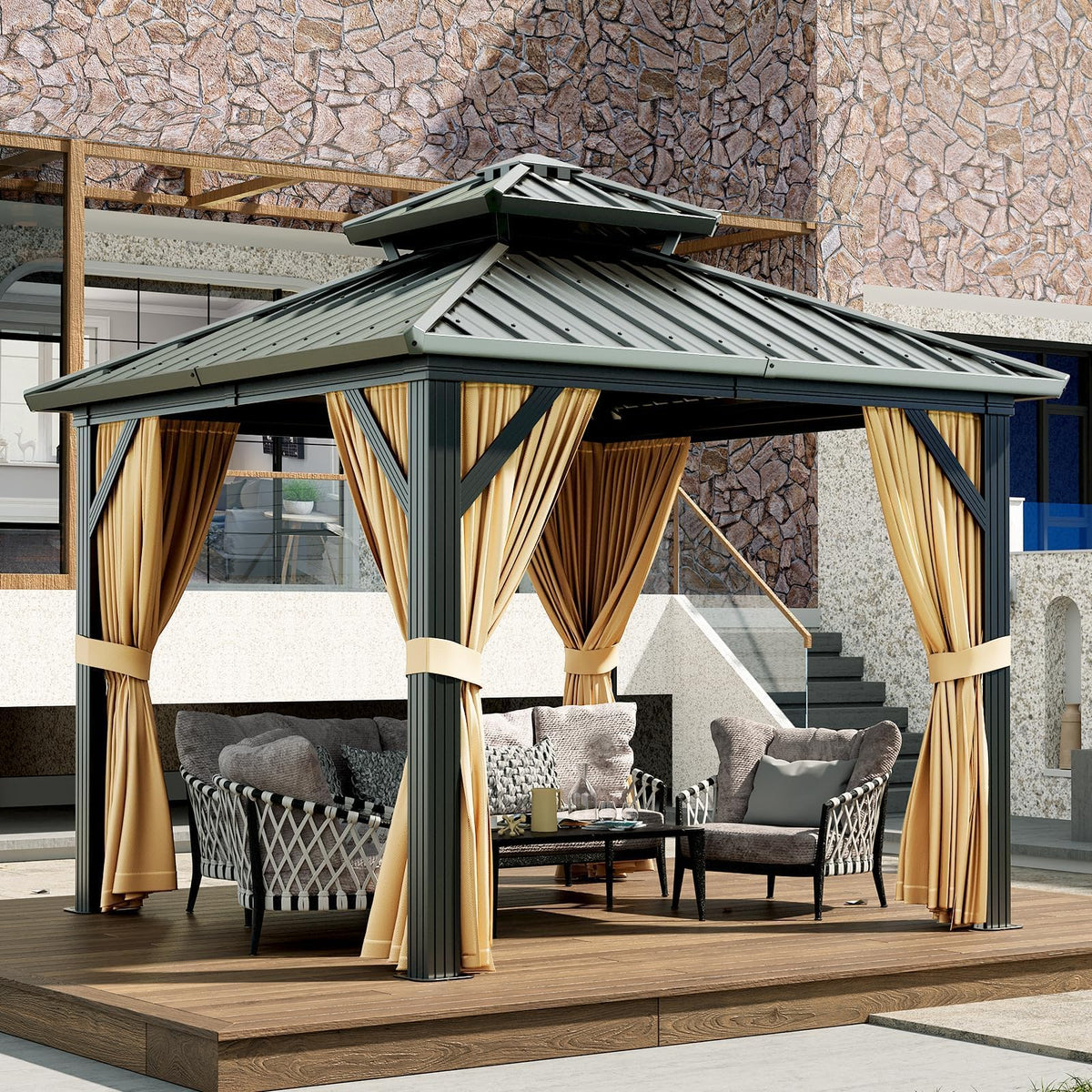 10x10 ft Hardtop Gazebo with Galvanized Steel Double Roof, Heavy Duty Galvanised Steel Hardtop Pavilion with Nettings and Curtains for Party, Wedding, Outdoor Dining, Patio, Backyard