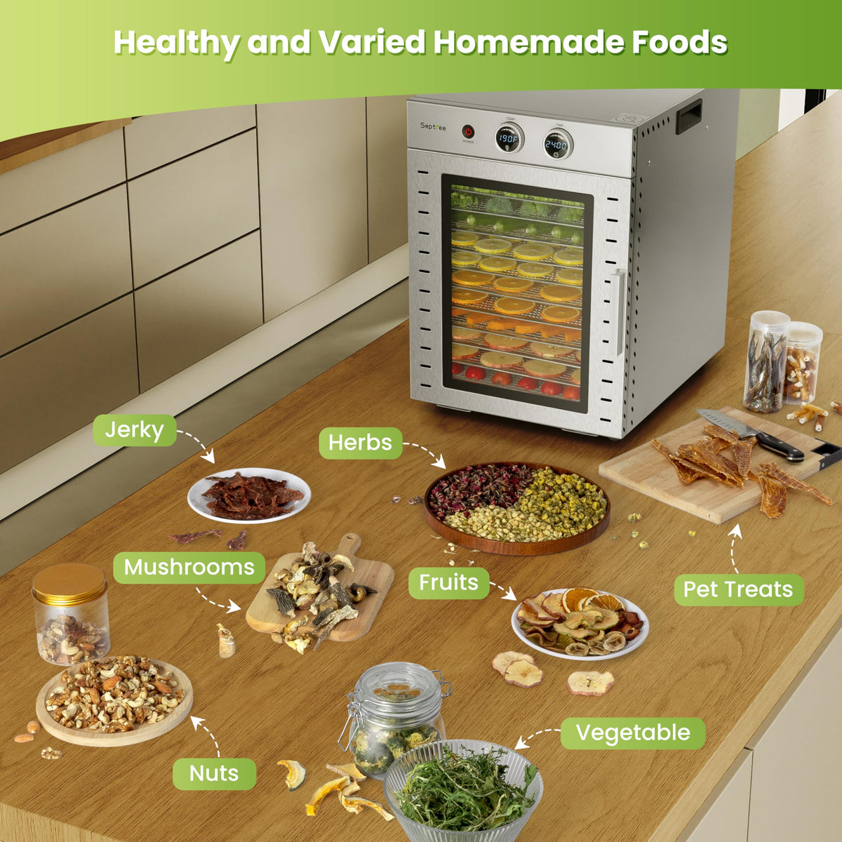 Food Dehydrators Machine with 12 Stainless Steel Trays with Timer Setting Temperature Adjusted 68 ℉ to 194 ℉ Dryer for Herb Fruit Meat Vegetables Mushroom Beef for Commercial Household Pitch Black