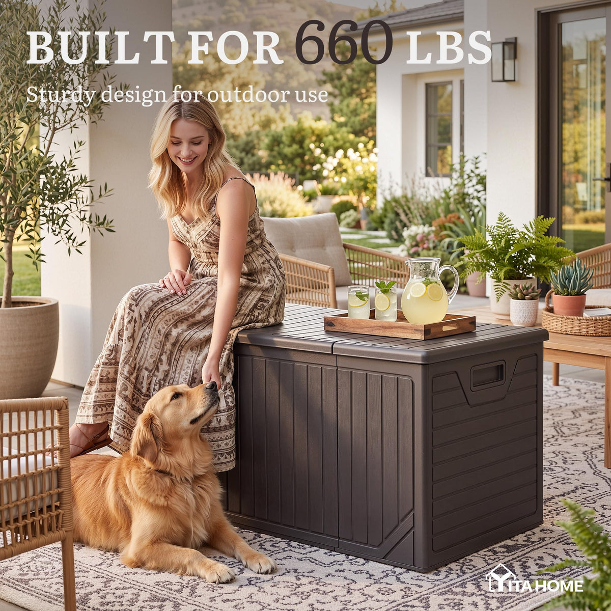 YITAHOME XXL 300 Gallon Extra Large Outdoor Deck Box, Lockable Resin Double-Wall Storage Box and Waterproof Patio Furniture Bin for Garden Tools & Pool Accessories, Brown