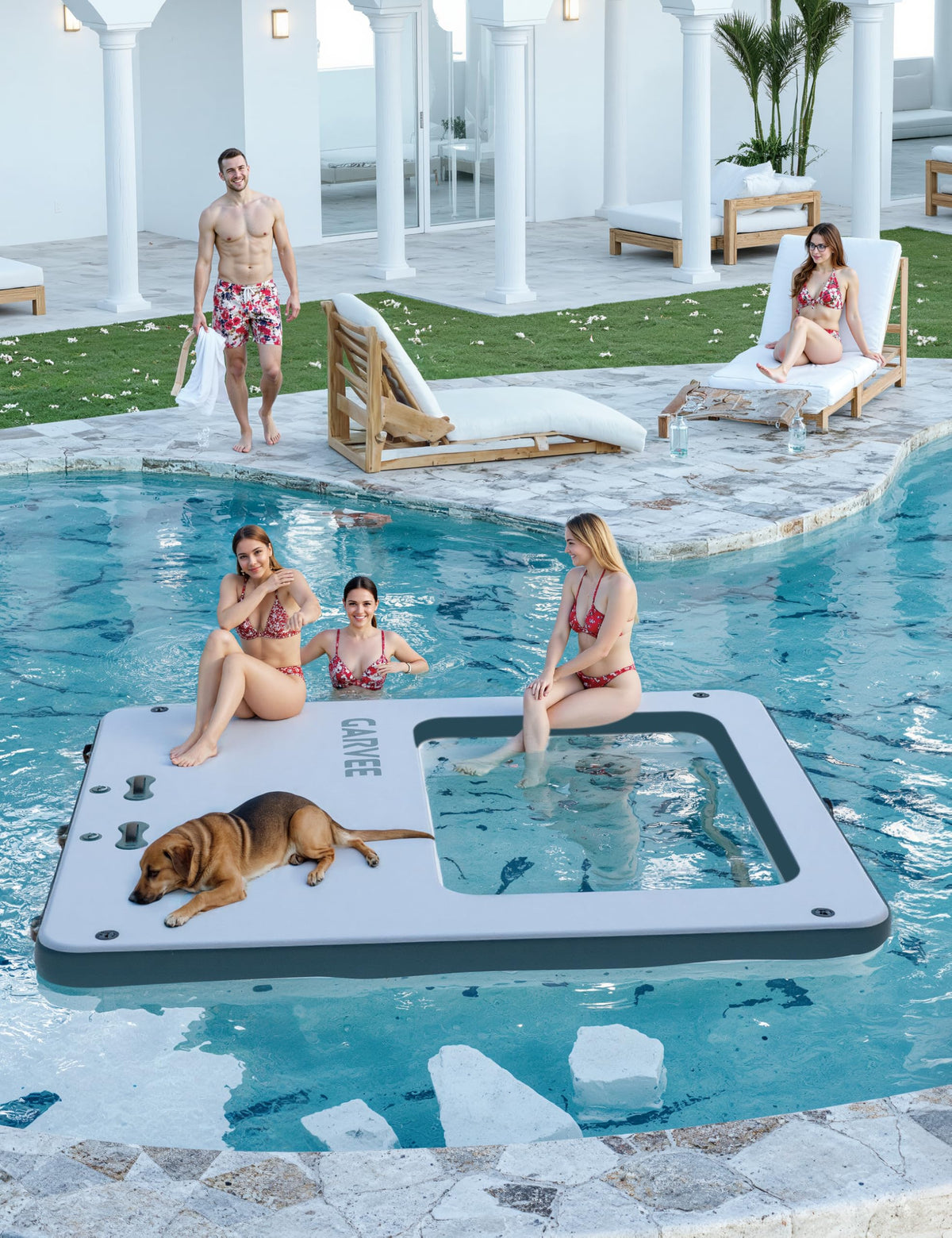 Inflatable Floating Island 10x10FT - with 4 * 7ft Trampoline Mesh Pool & Detachable Ladder - Portable Water Dock for Beach, Pool, Lake - Non-Slip Surface + Storage Bag