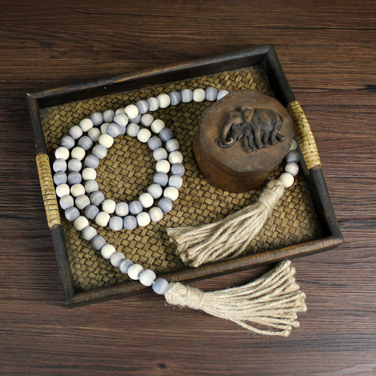CVHOMEDECO. Wood Beads Garland with Tassels Farmhouse Rustic Wooden Prayer Bead String Wall Hanging Accent for Home Festival Decor. Grey Mix Distressed
