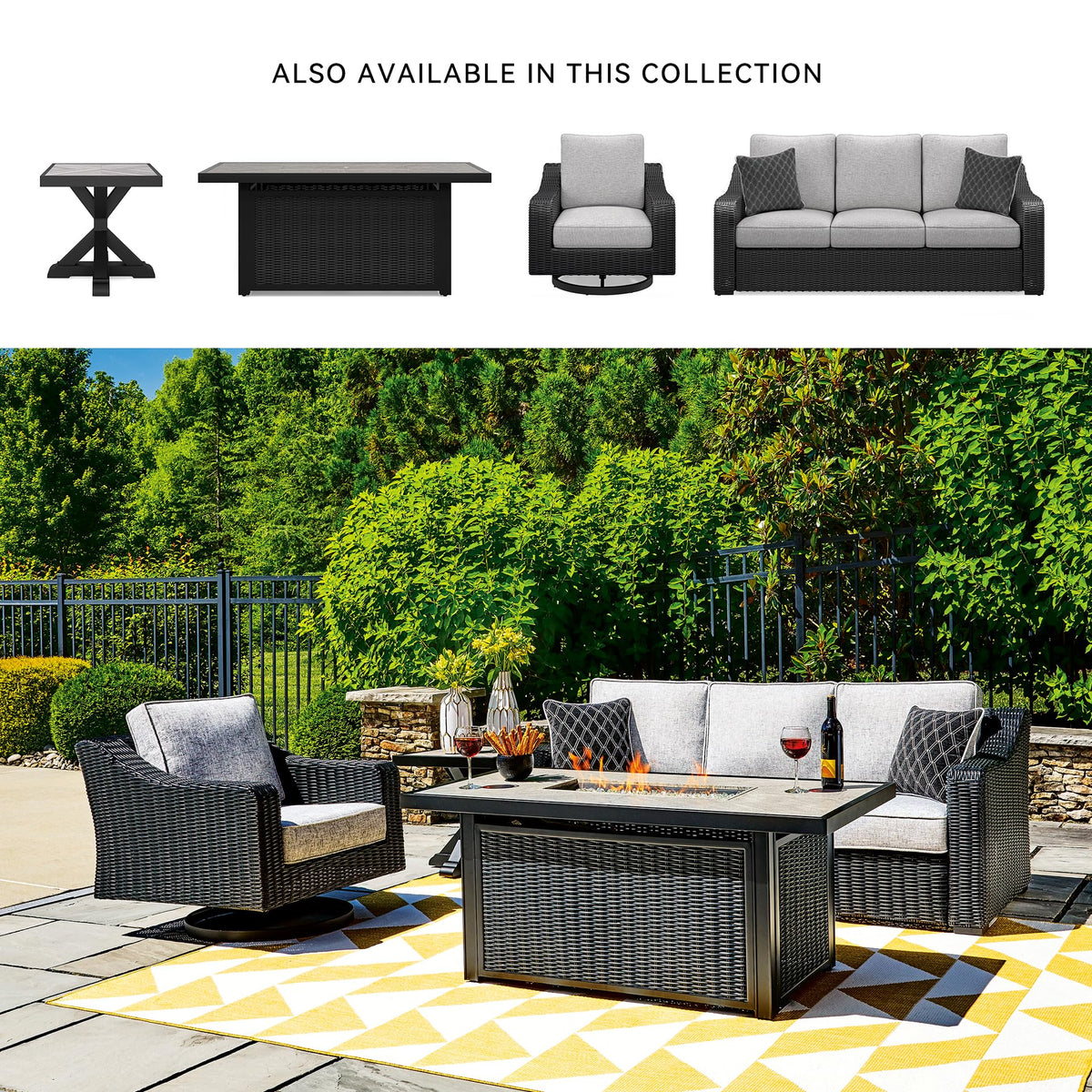 Signature Design by Ashley Beachcroft Casual Weather and Rust Resistant Battery-Operated Outdoor Fire Pit Table with Adjustable Flame Control and Protective Cover, Black & Light Gray