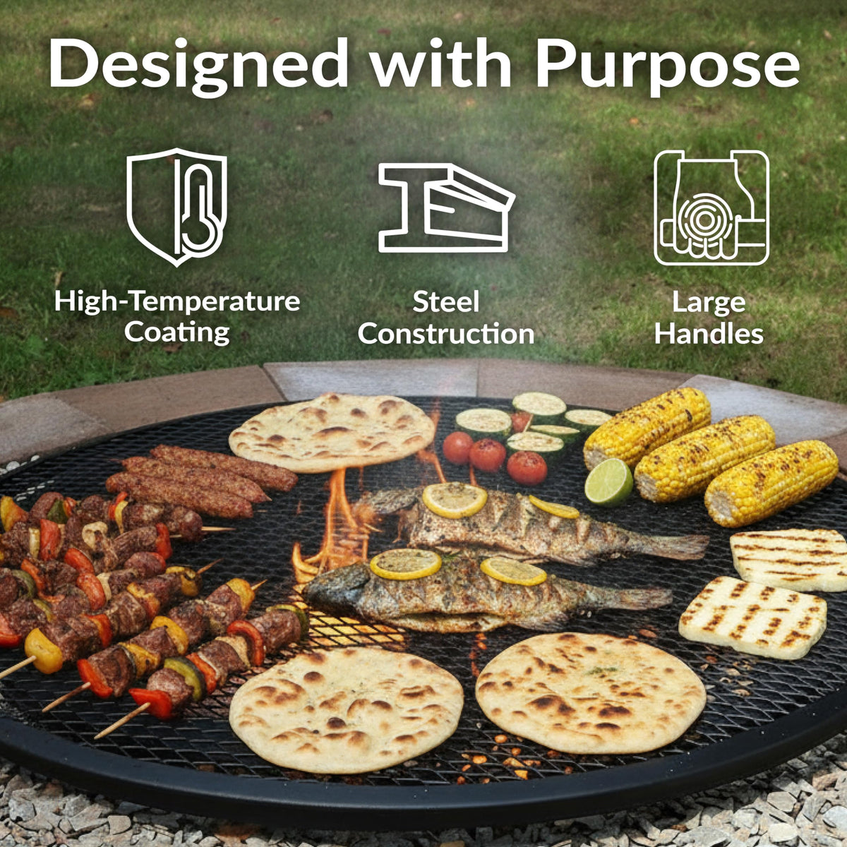 Sunnydaze X-Marks Outdoor Fire Pit Grill Grate for Cooking - Round Fire Pit Grate - Steel Campfire BBQ Grill with Handles - 30-Inch