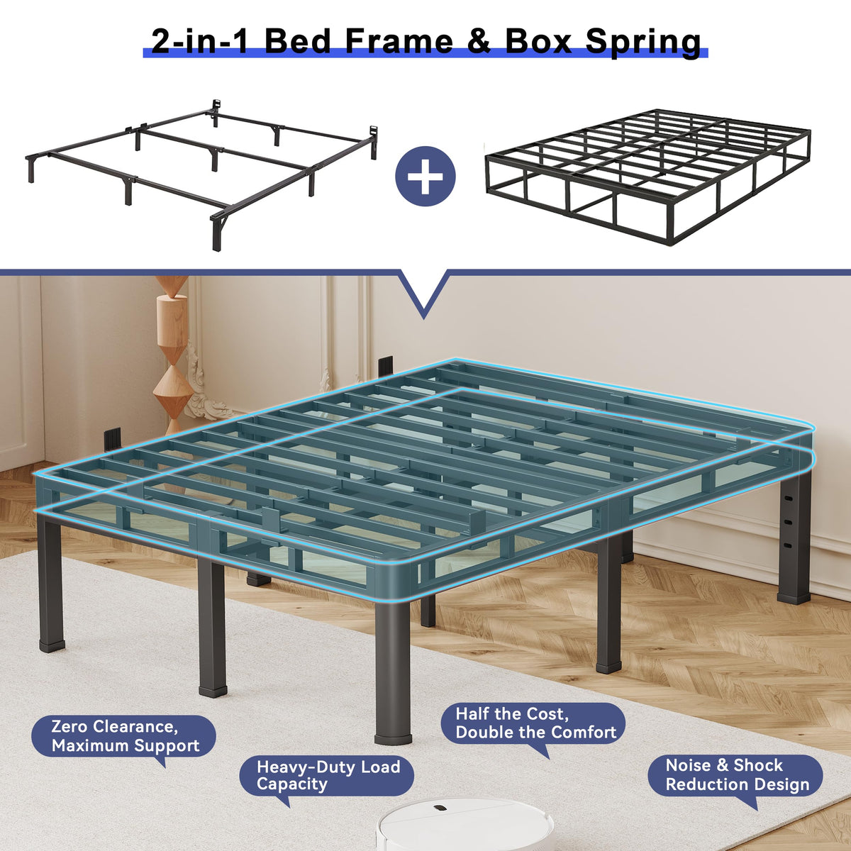 Anyroom 20 Inch Queen Bed Frame, Double Layer Heavy Duty Metal Platform 4000 lbs Capacity, Bed Frames with Headboard Holes, Round Corner Legs, No Box Spring Needed, Easy Assembly