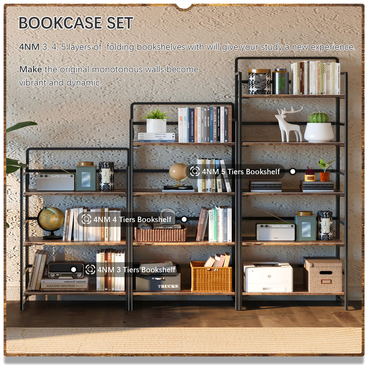 4NM No Assembly 5 Tiers Folding Bookshelf Storage Shelves Vintage Bookcase Standing Racks Study Organizer Home Office (Rustic Brown Black)