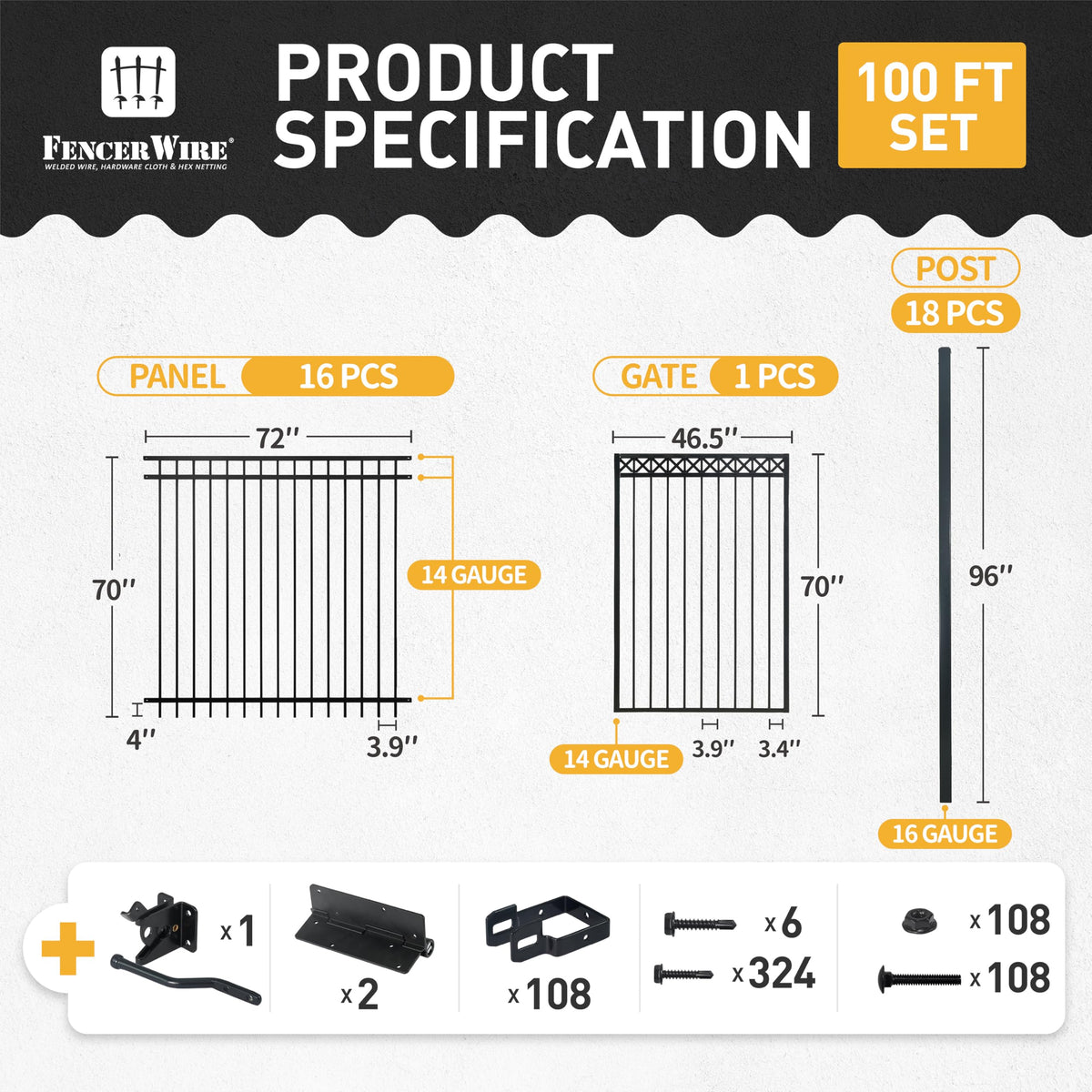 Fencer Wire 100FT Heavy Duty Flat Top Fence Barrier Kit, Anti-Rust Metal Steel Fence with 6FT Height X 6FT Width Panels, with Decorative Gate, Posts, Connectors, Outdoor Fencing for Yard