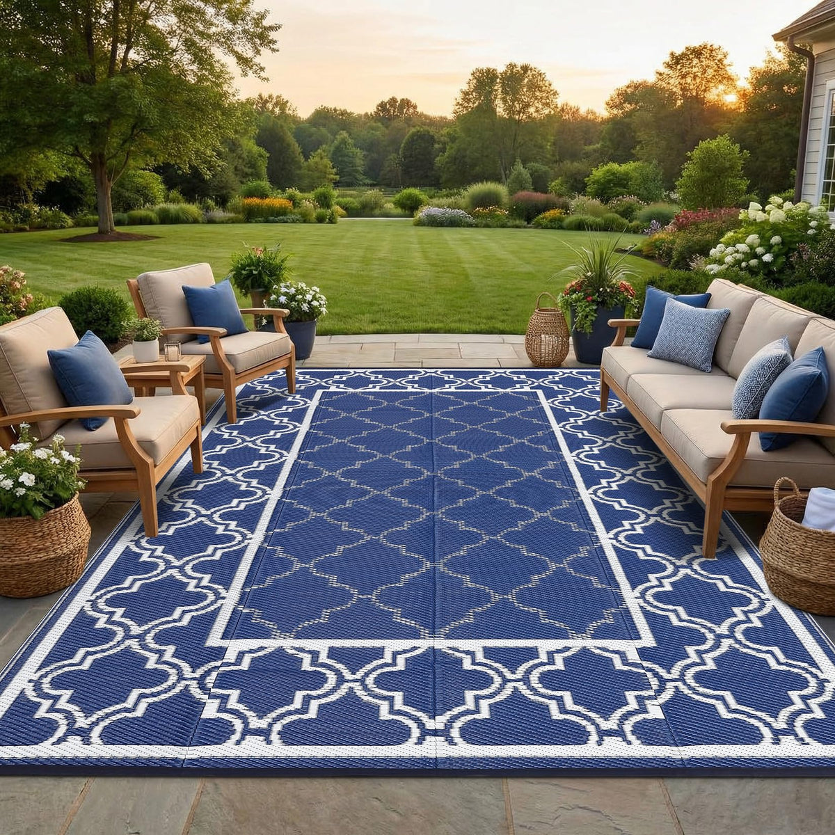 Garvee Reversible Outdoor Rug 10x14, Waterproof Outdoor Plastic Straw Rug with Interlacing Pattern, RV Mat for Picnics, Patio, Camping, Balcony, Deck, Backyard, Porch, Blue